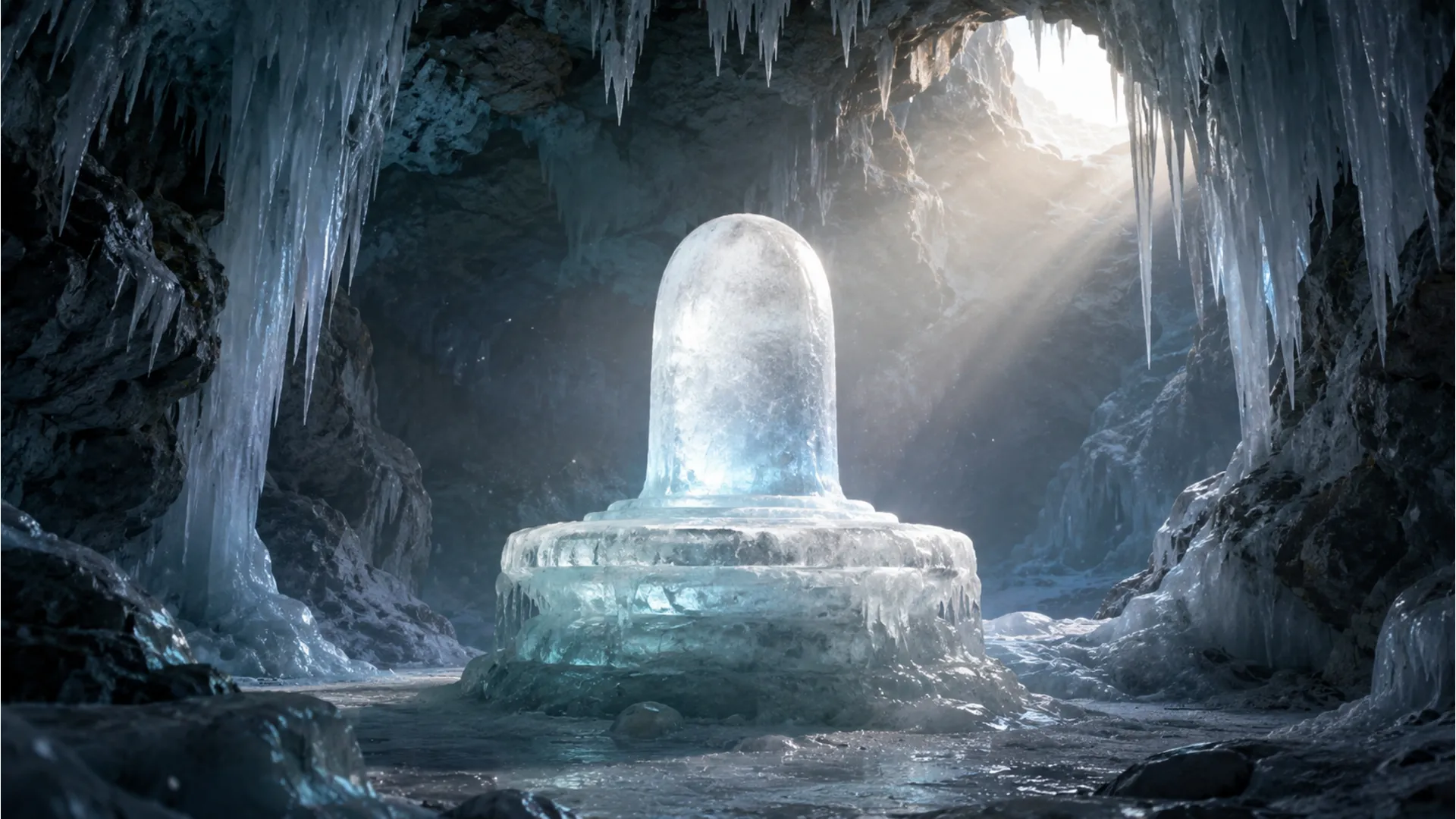 Natural ice Shivling image photo inside Himalayan cave with glowing light