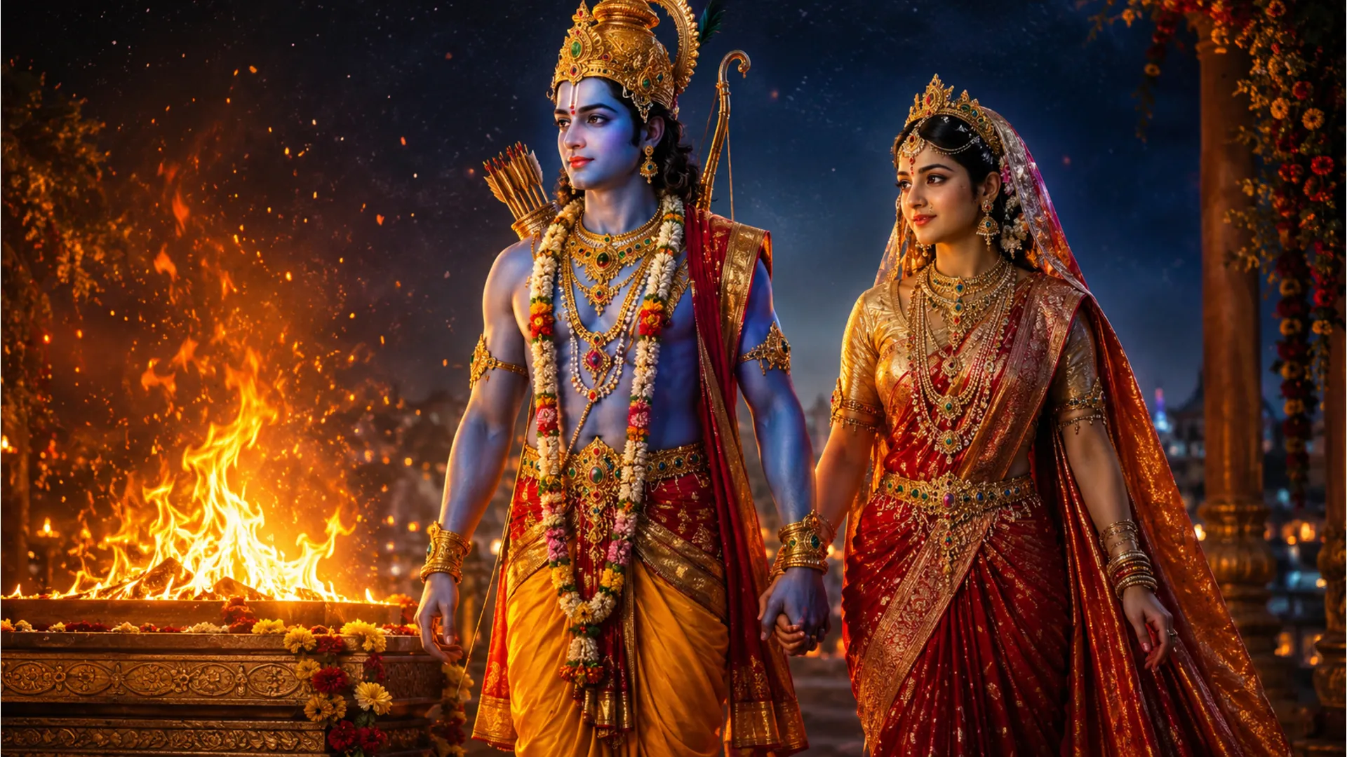 Close-up devotional artwork of a blue-skinned man and traditional woman walking past a sacred fire pit.