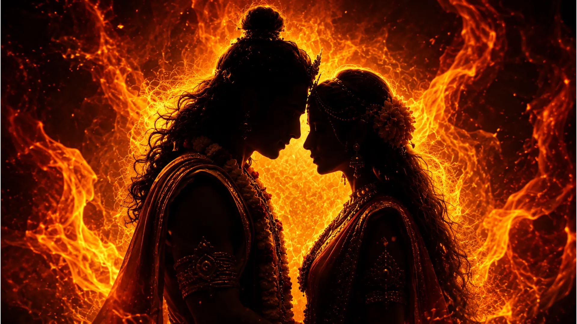 Two divine figures facing each other with a glowing orange and red fire background.