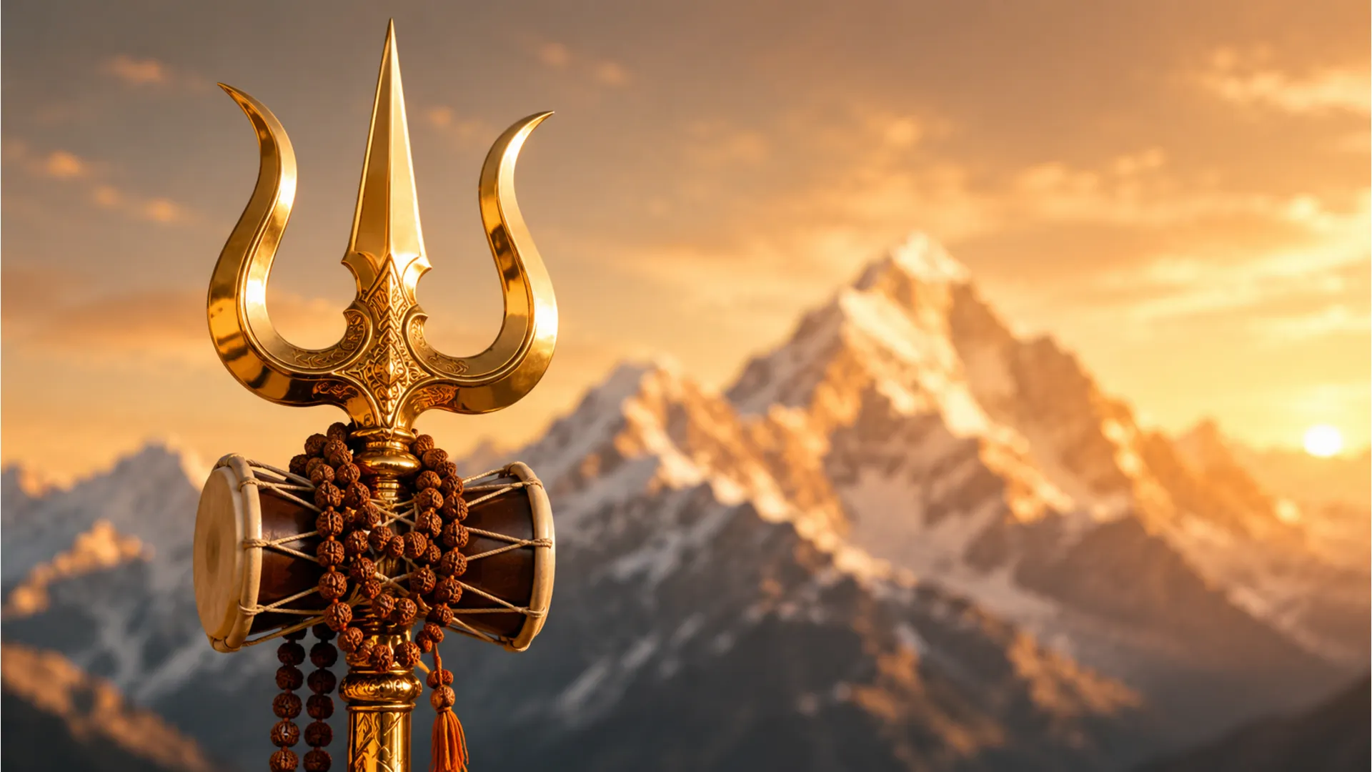 HD wallpaper of Lord Shiva's sacred Trishul and Damru on a rocky mountain peak.