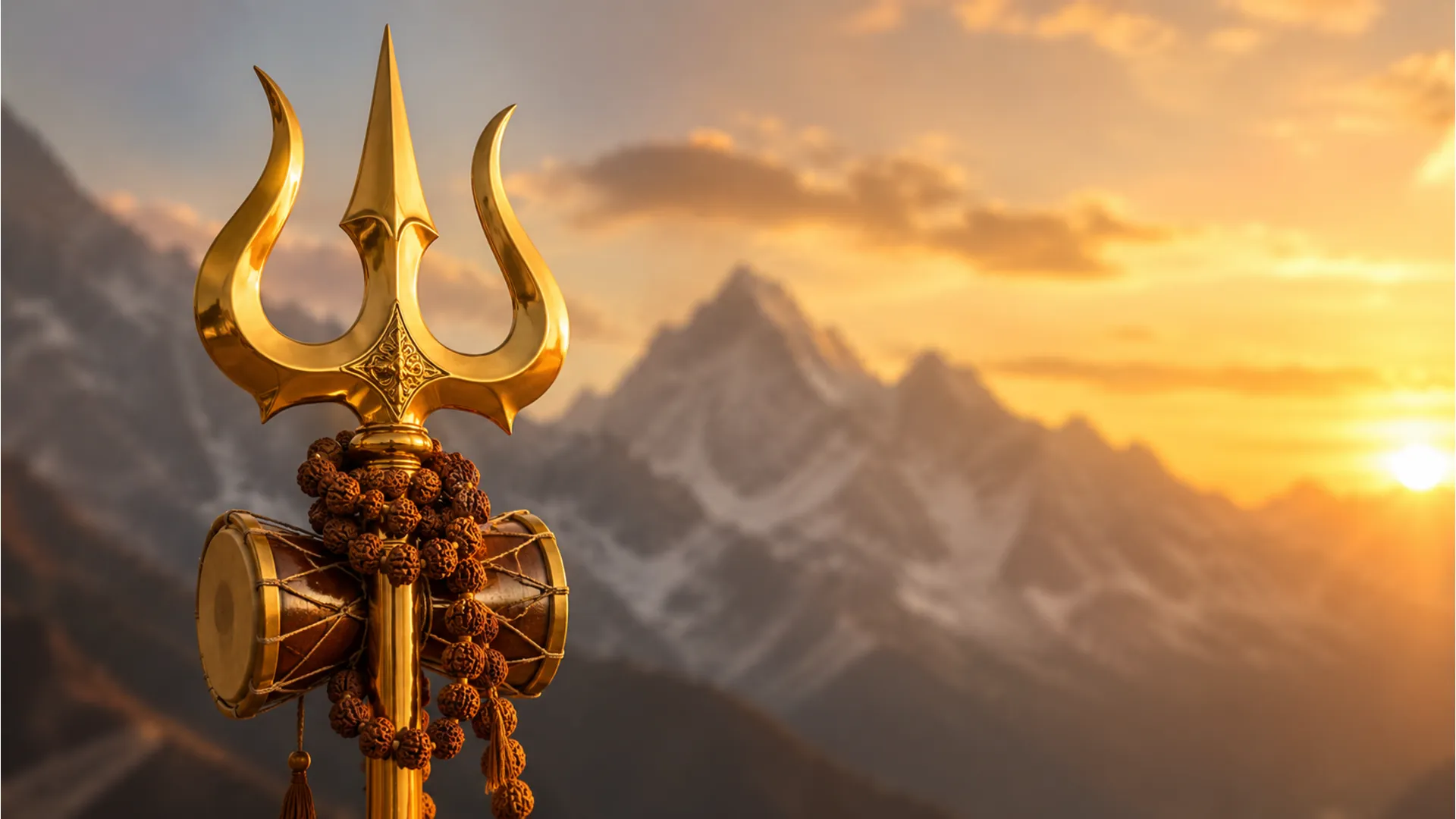 HD wallpaper of Lord Shiva's sacred Trishul and Damru on a rocky mountain peak.