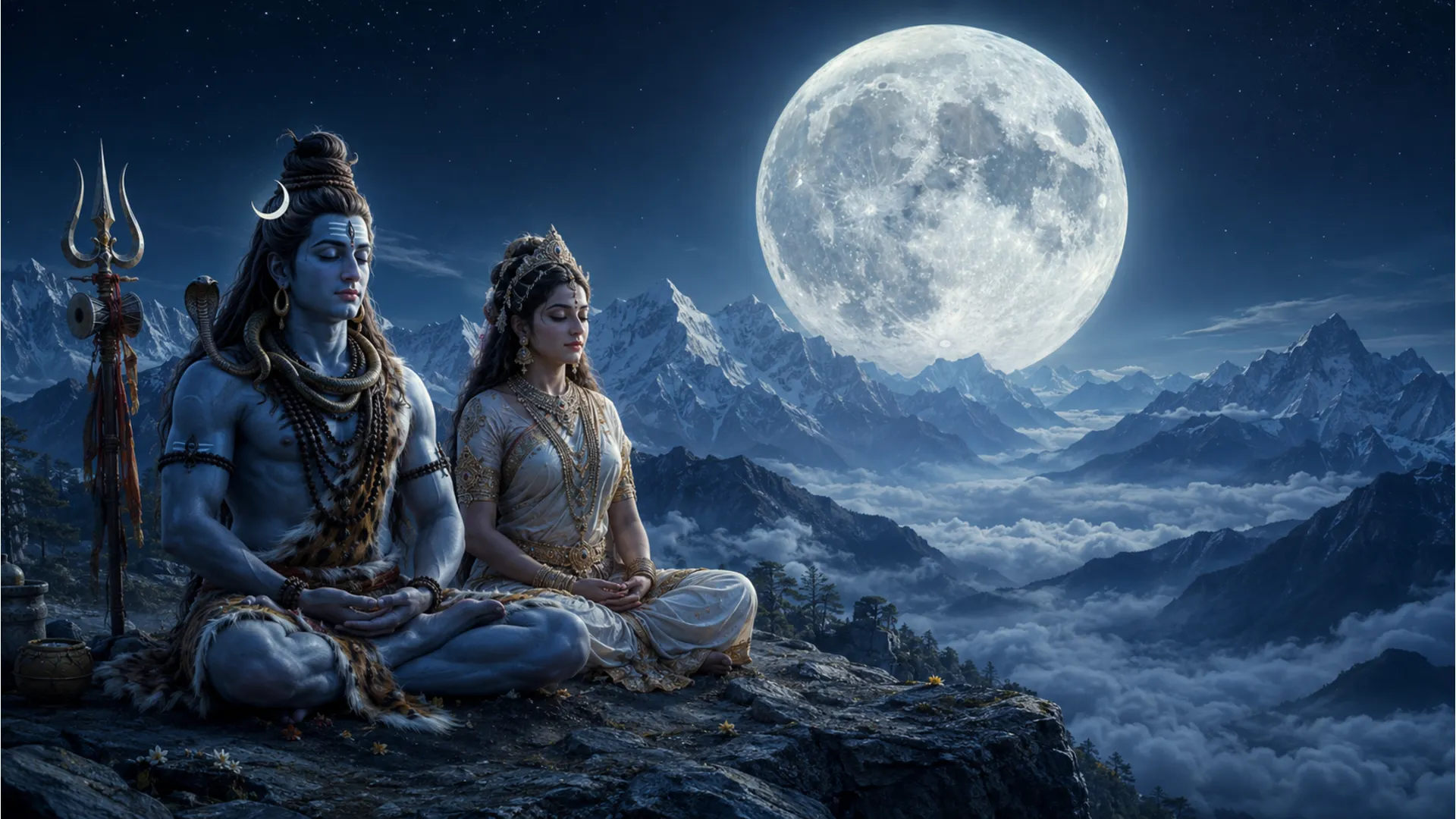 sacred wallpaper of shiva parvati meditating in himalayas with glowing moon