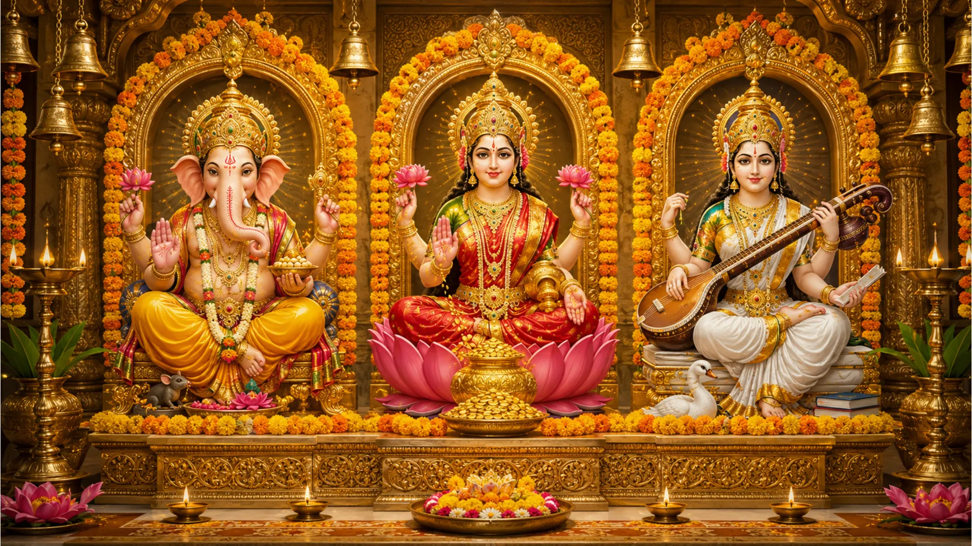 Complete temple artwork featuring the sacred trio of Lord Ganesha, Goddess Lakshmi, and Goddess Saraswati together on a golden platform.