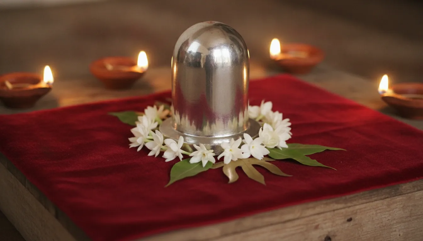 A pure shiny silver Parad Shivling made of solid mercury on a spiritual alter.