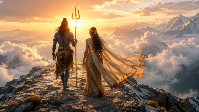 Spiritual couple with blue-skinned male figure walking on a rocky mountain peak surrounded by clouds.