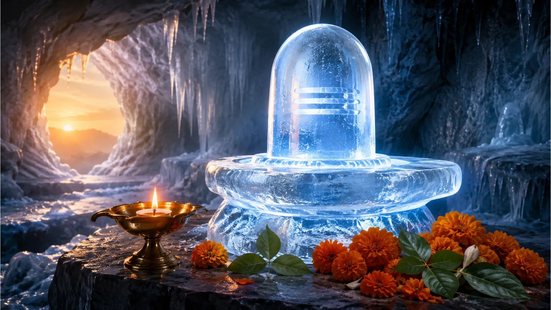 Traditional oil lamps and flowers placed respectfully near the natural ice shivling.