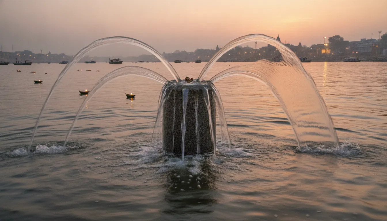 A majestic stone Shivling emerging directly from the flowing clear waters of the holy river Ganga at sunset.