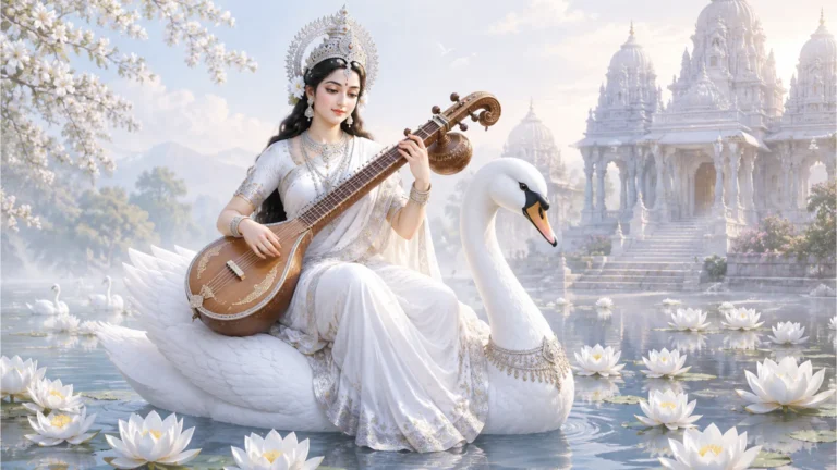Elegant artwork of Goddess Saraswati playing the Veena while sitting on a white swan near a peaceful temple river.