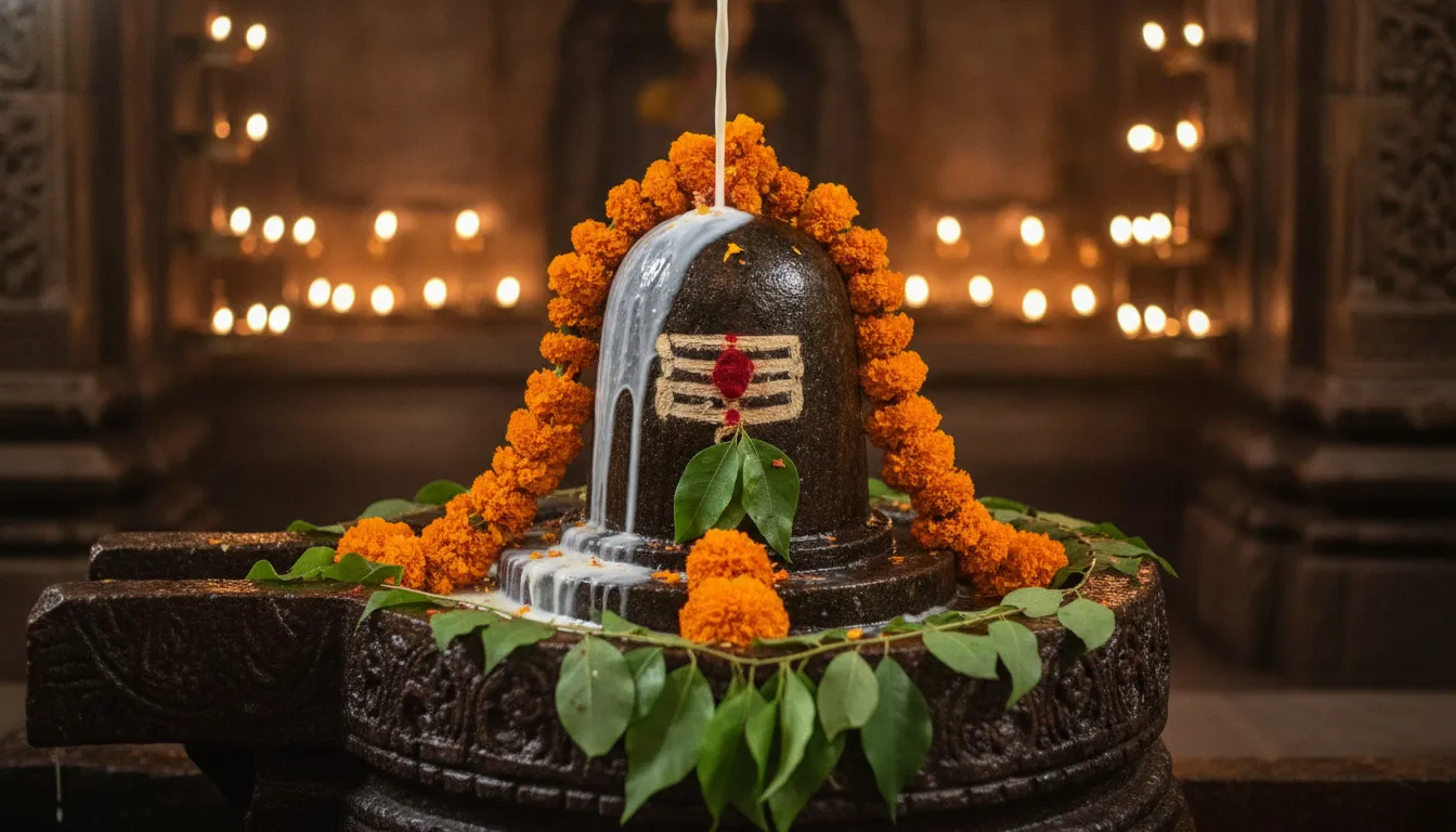 Spiritual Har Har Mahadev photo HD showing a sacred Shiva Lingam decorated with flowers.