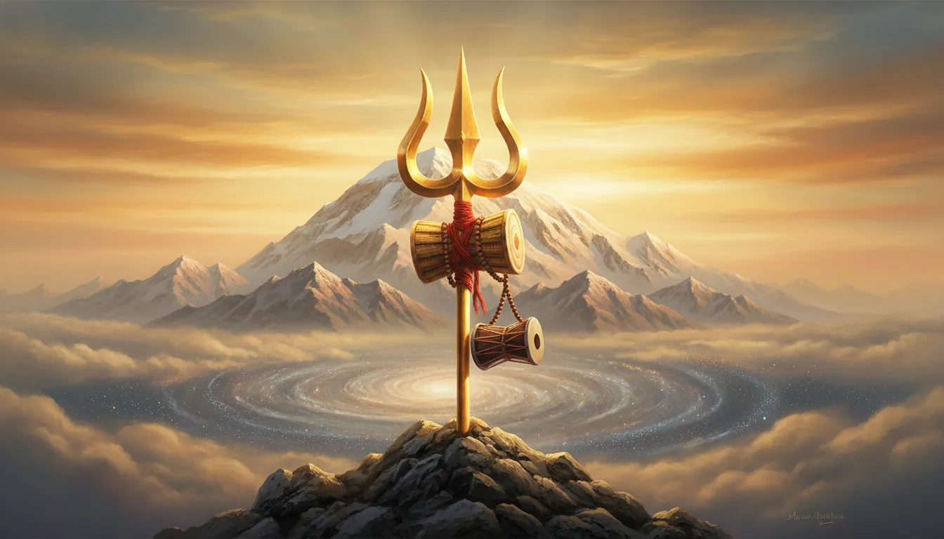 Lord Shiva's sacred Trishul and Damru standing tall against Mount Kailash.