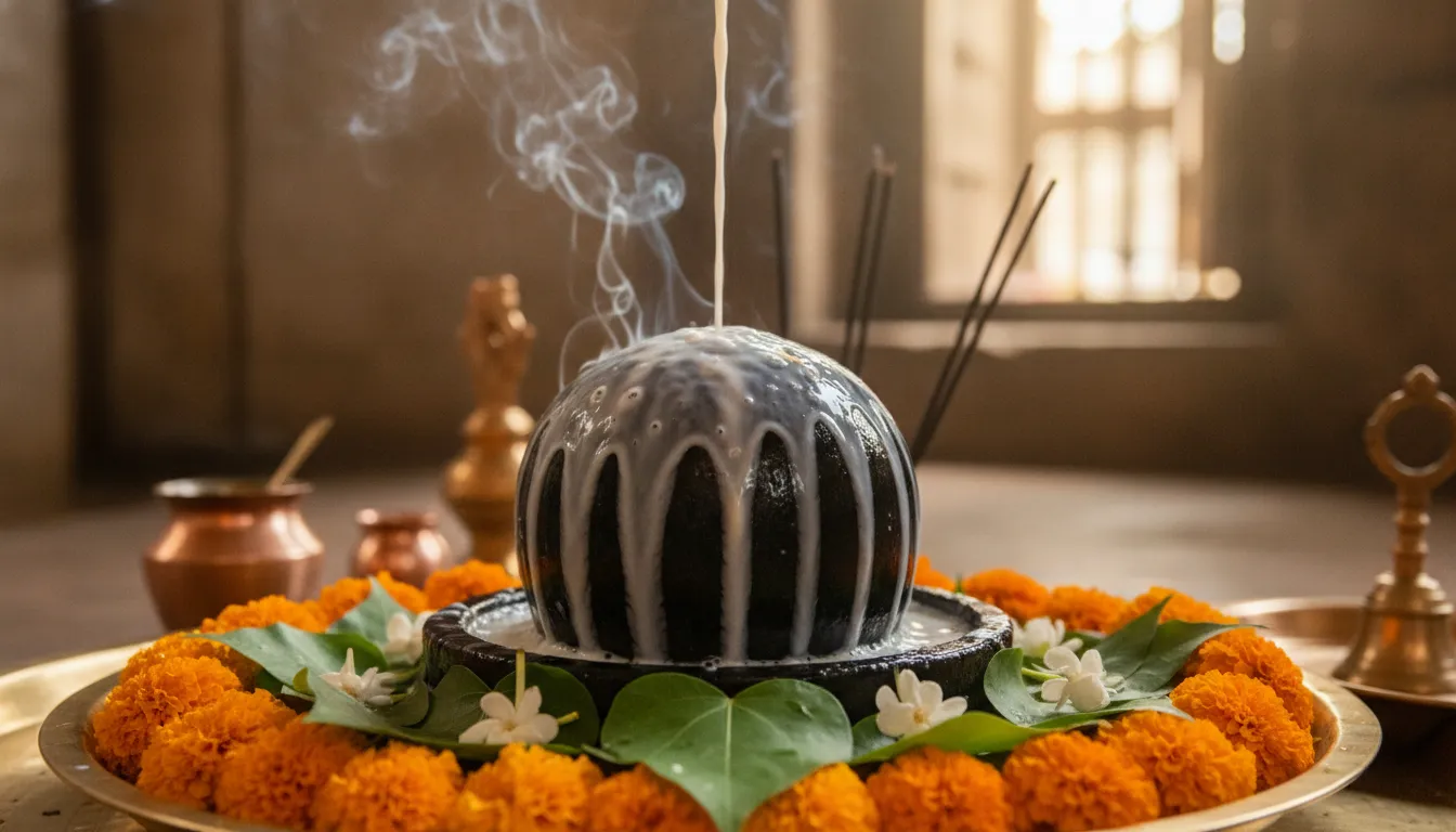 Close-up shot of a traditional ritual Abhishek of a stone Shivling with fresh milk, water, and orange marigold flowers.