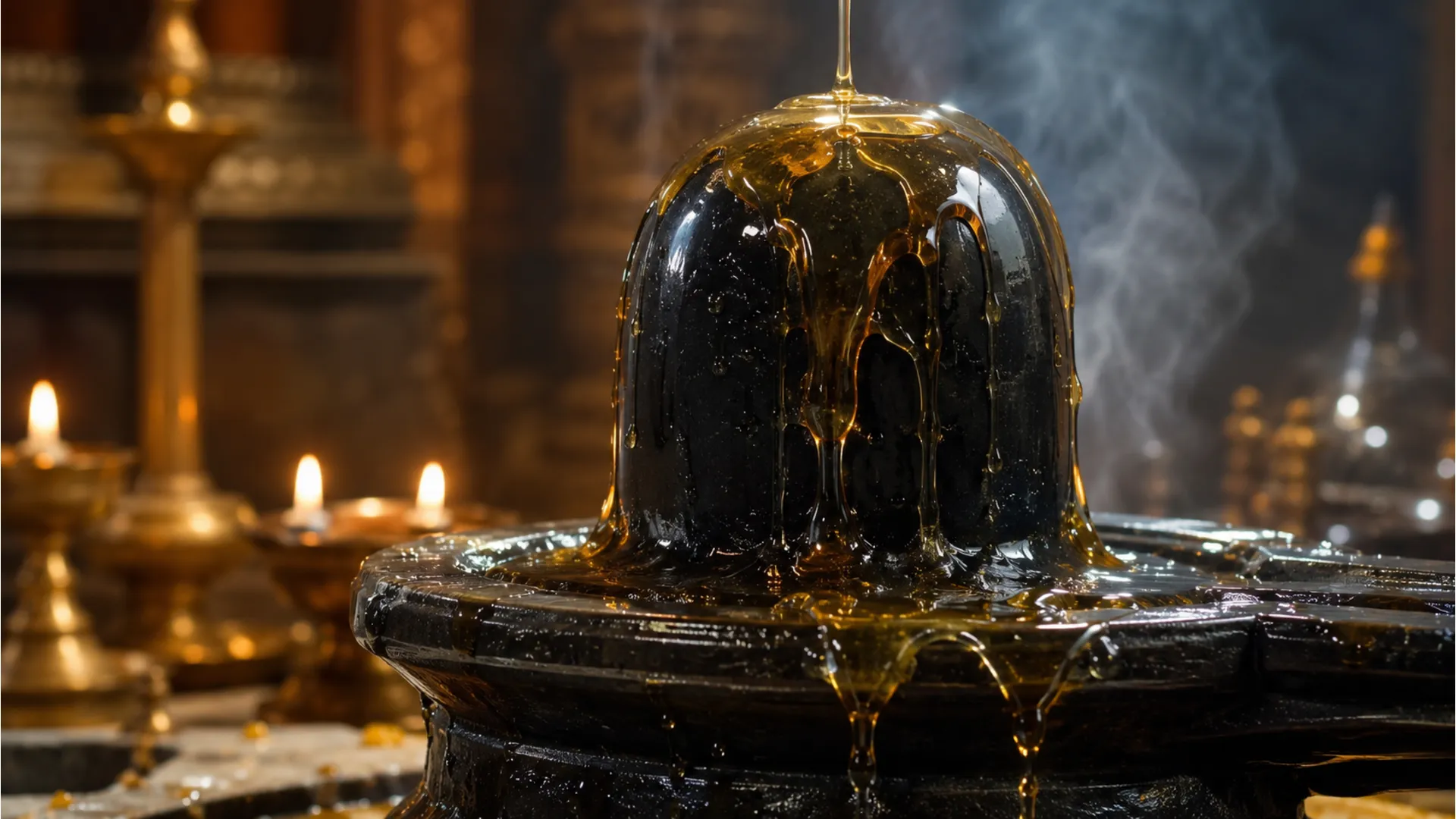 Viscous golden honey dripping down a polished black marble Shivling during a sacred puja.