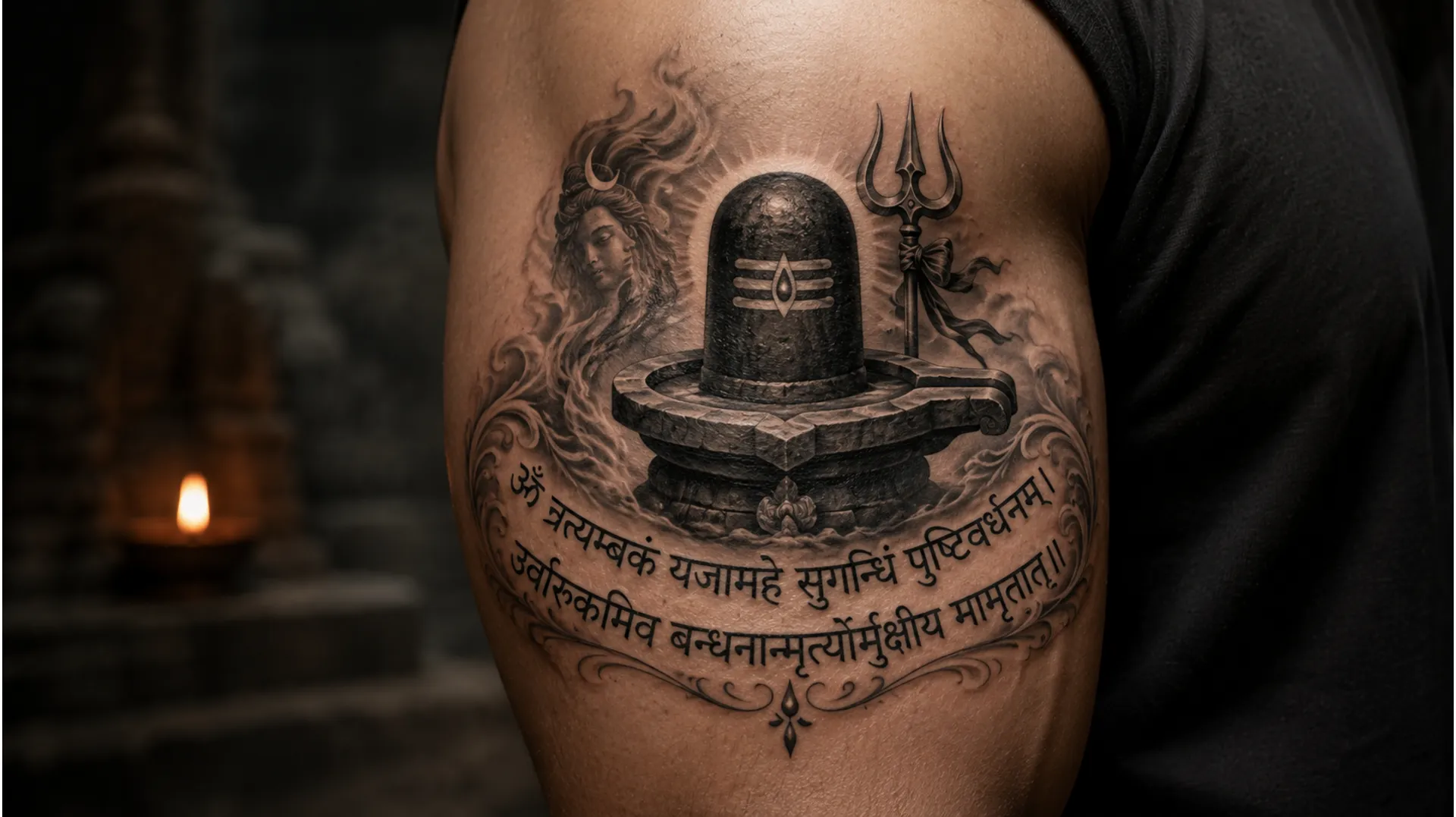 Script tattoo image showing the Mahamrityunjaya Mantra wrapped beautifully around a shaded stone Shivling on the arm.