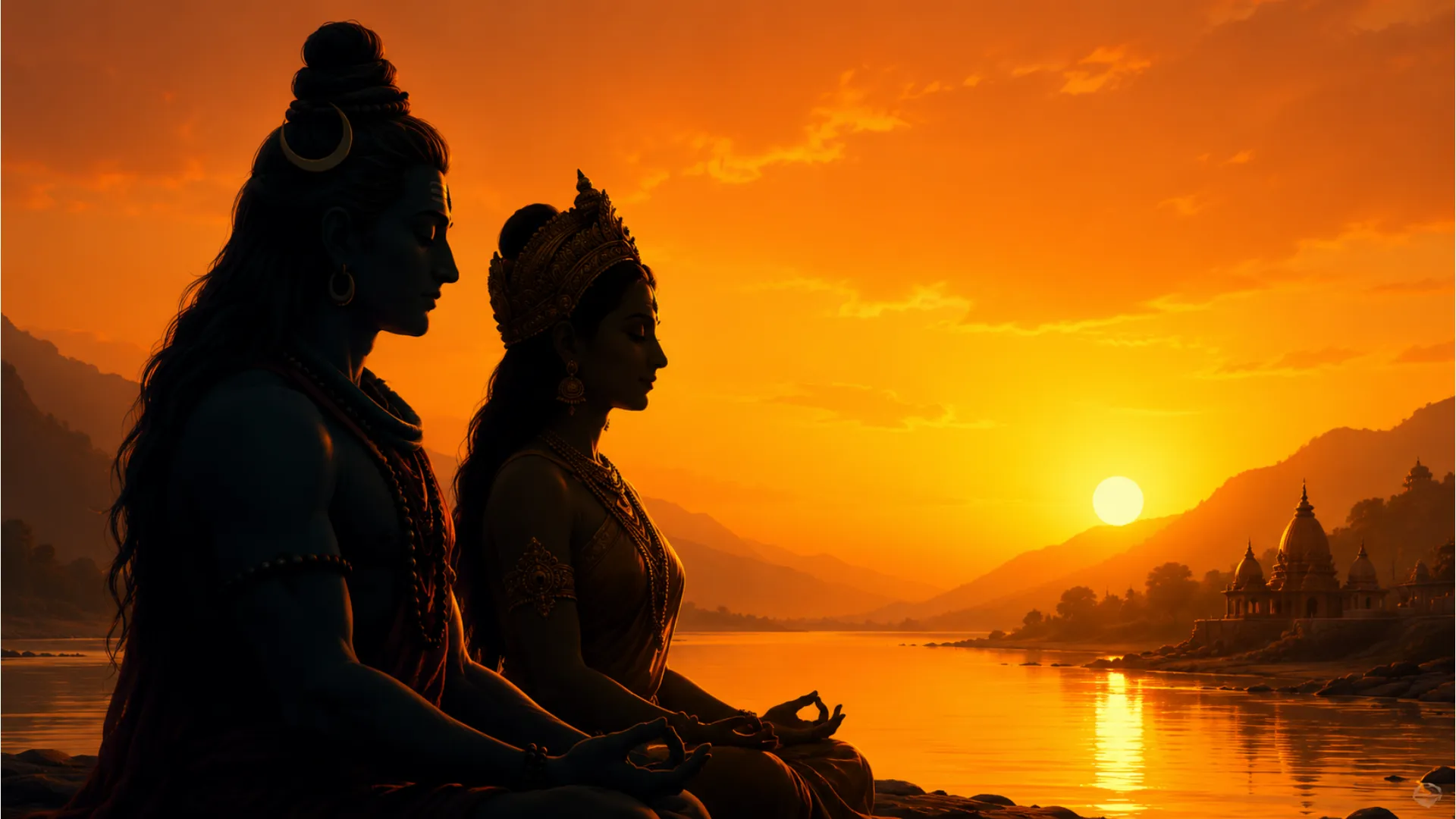 Minimalist artistic portrait of Shiva and Parvati in meditation with warm sunset lighting.