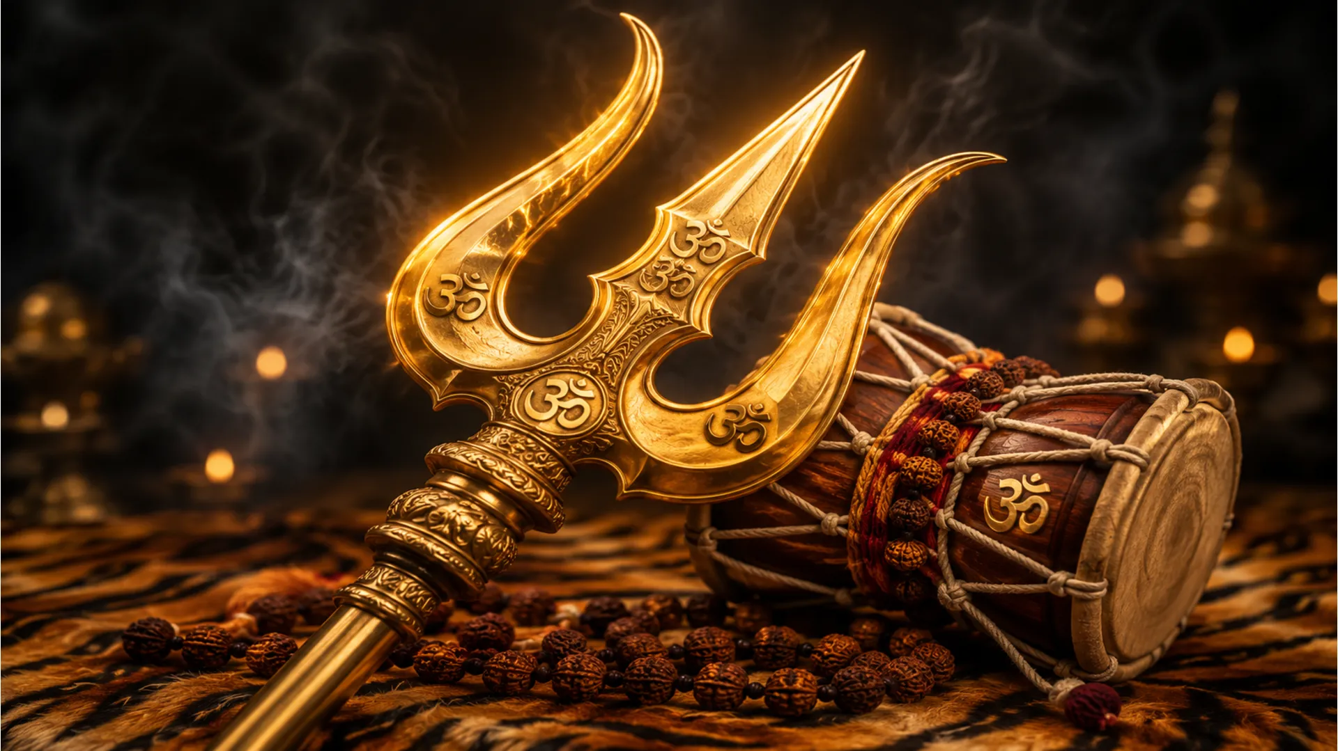 Detailed 4K macro shot of a golden Trishul and a wooden Damaru on a tiger skin.