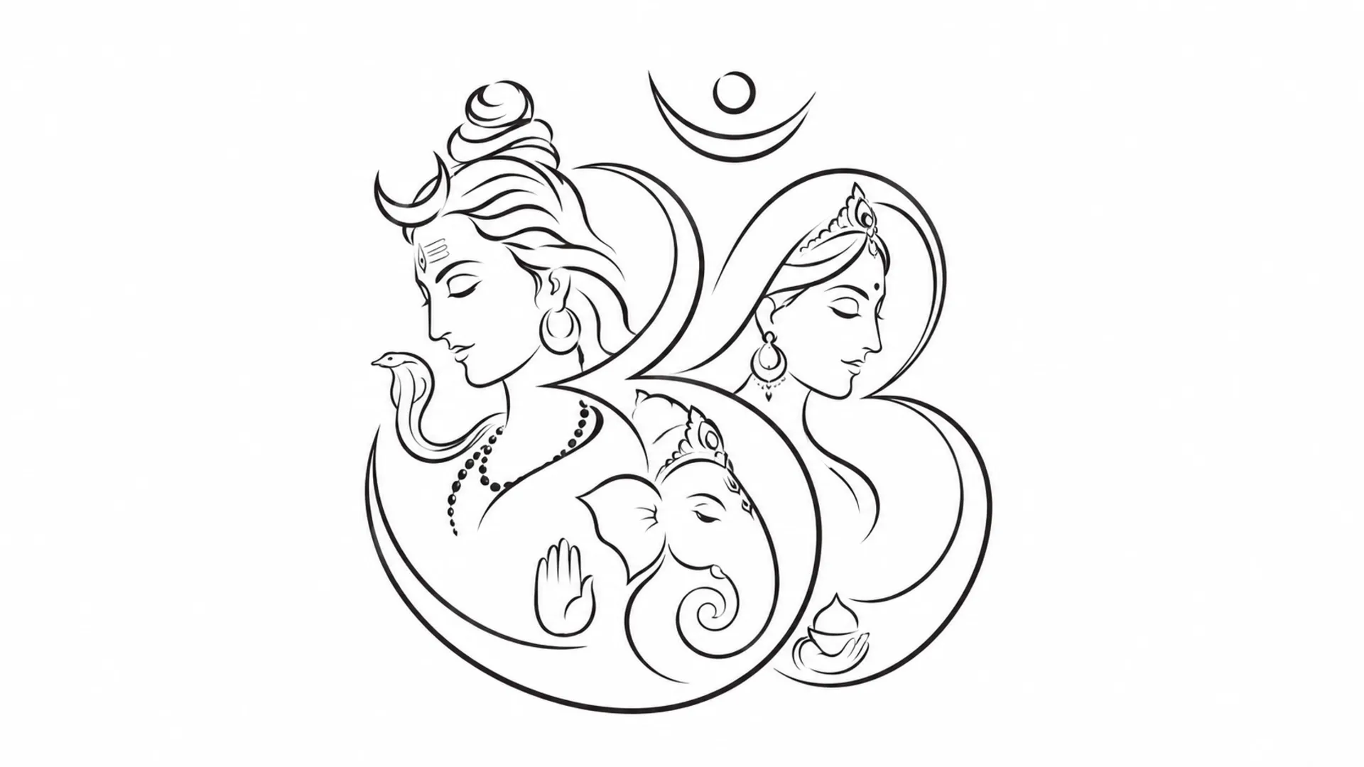 Minimal line art blending the physical forms of Shiva, Parvati, and Ganesha with a subtle Om symbol on a soft white background.