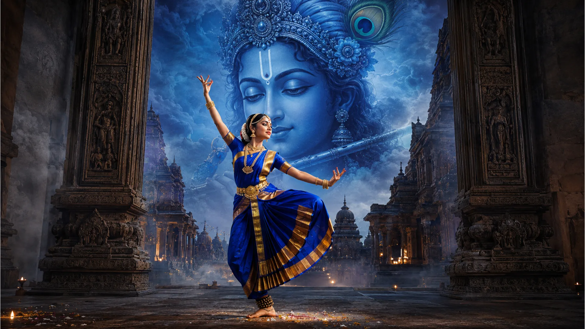 Classical dancer performing inside an ancient stone temple with a massive divine blue face background.