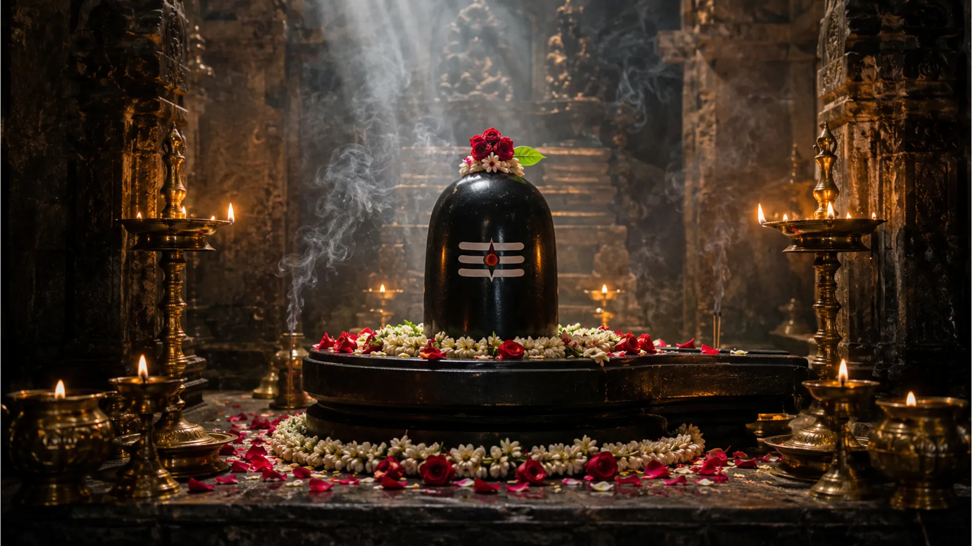 Beautifully decorated Shivling inside a traditional temple garbhagriha