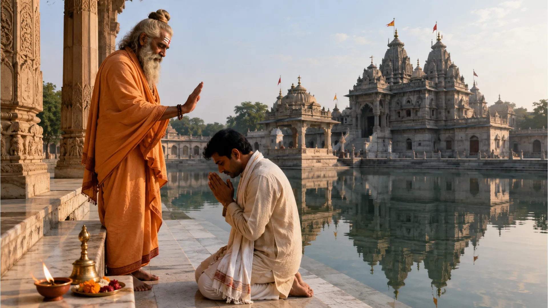 Holy figure blessing a kneeling worshiper near a sacred temple pool