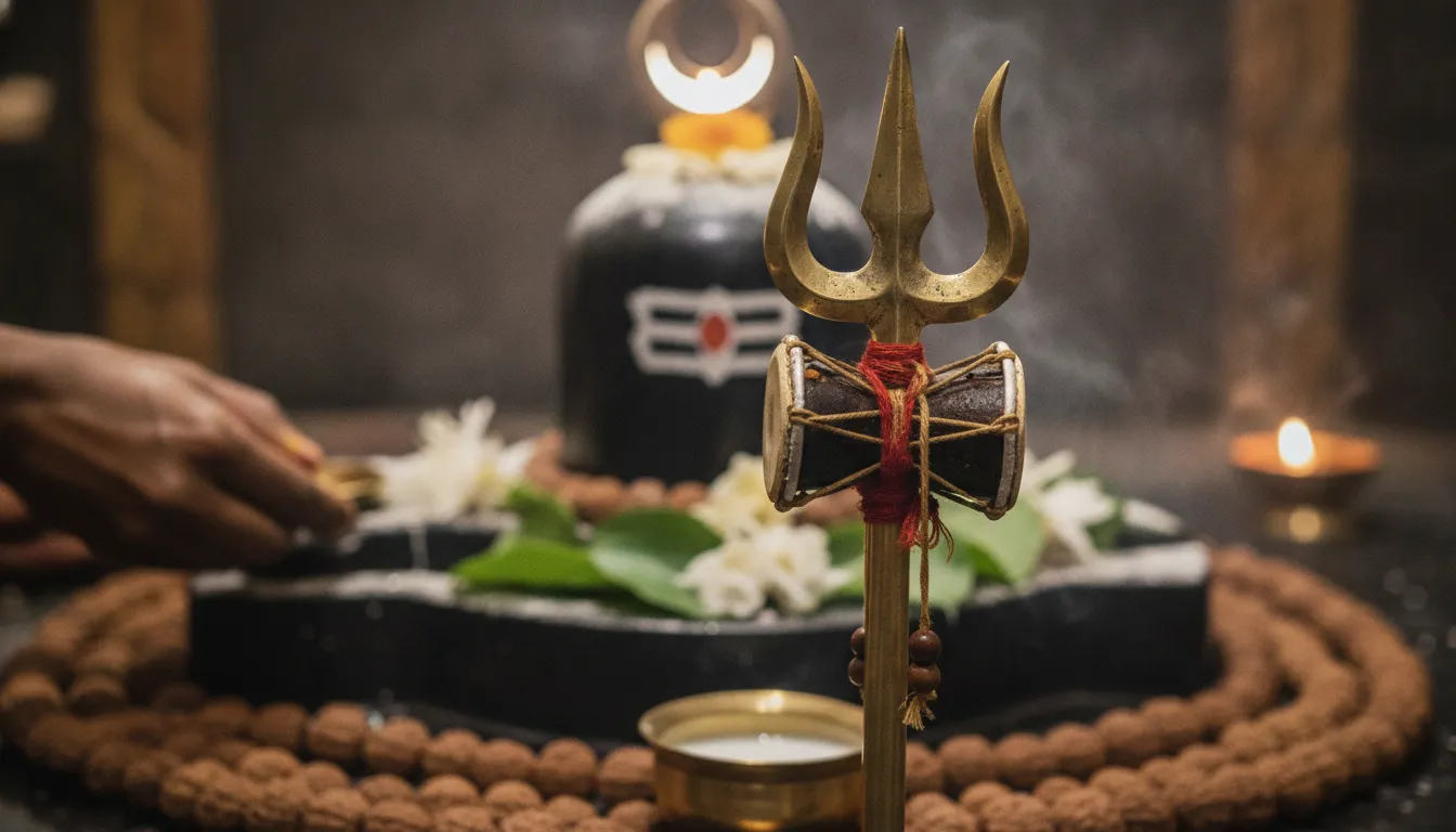 Close up shot of Mahakaleshwar Aghori pooja Shivling images with holy Trishul.