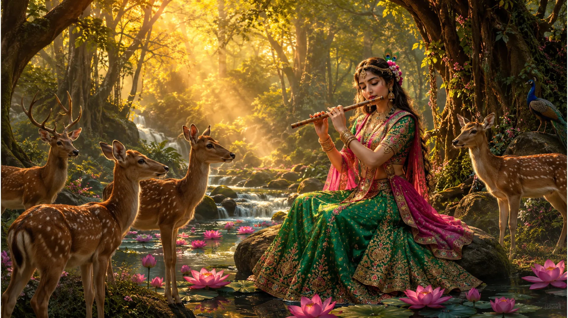 Art piece showing a traditional woman playing a flute surrounded by deer in a lush green sacred forest.