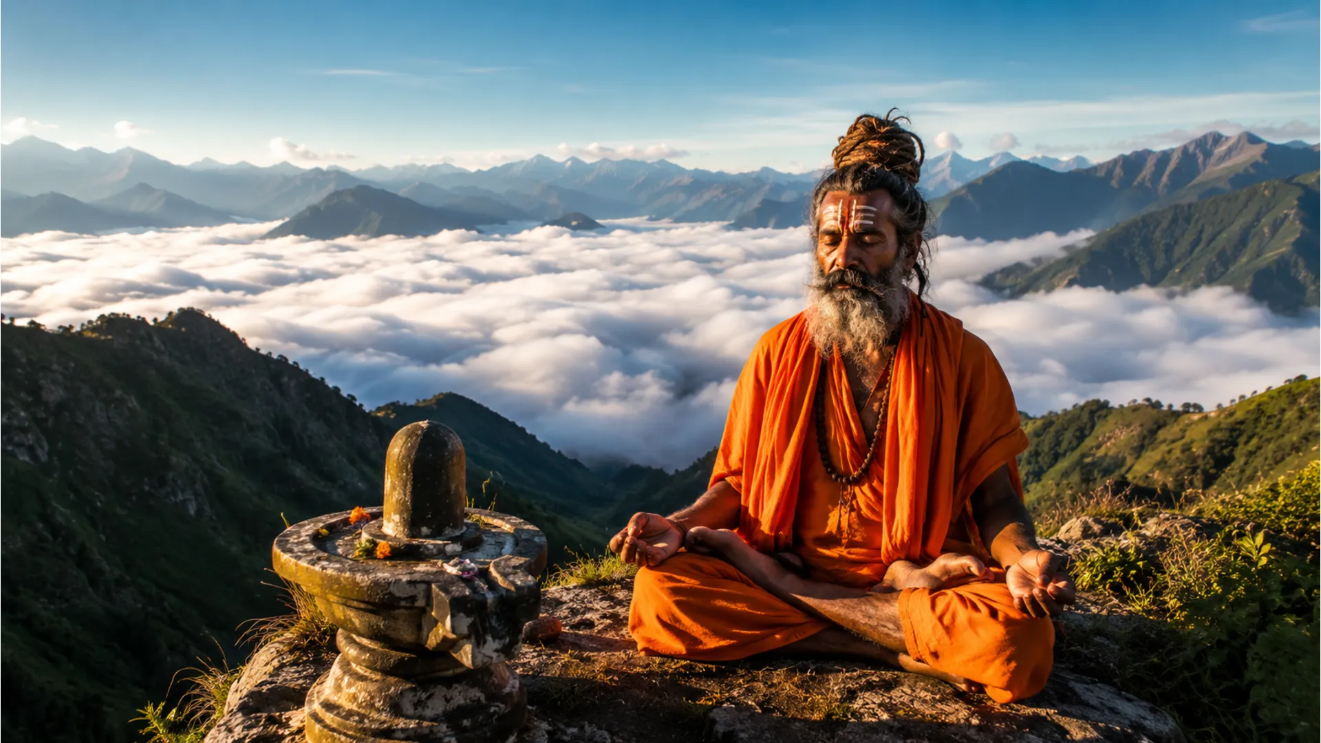 An old Indian sadhu sitting in deep meditation next to a stone Shivling with mountains in the background.