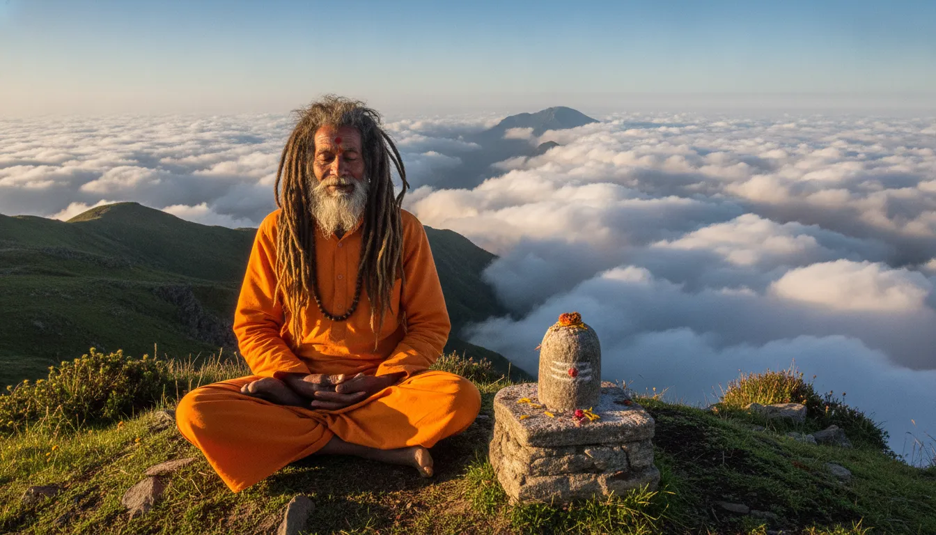An old Indian sadhu sitting in deep meditation next to a stone Shivling with mountains in the background.