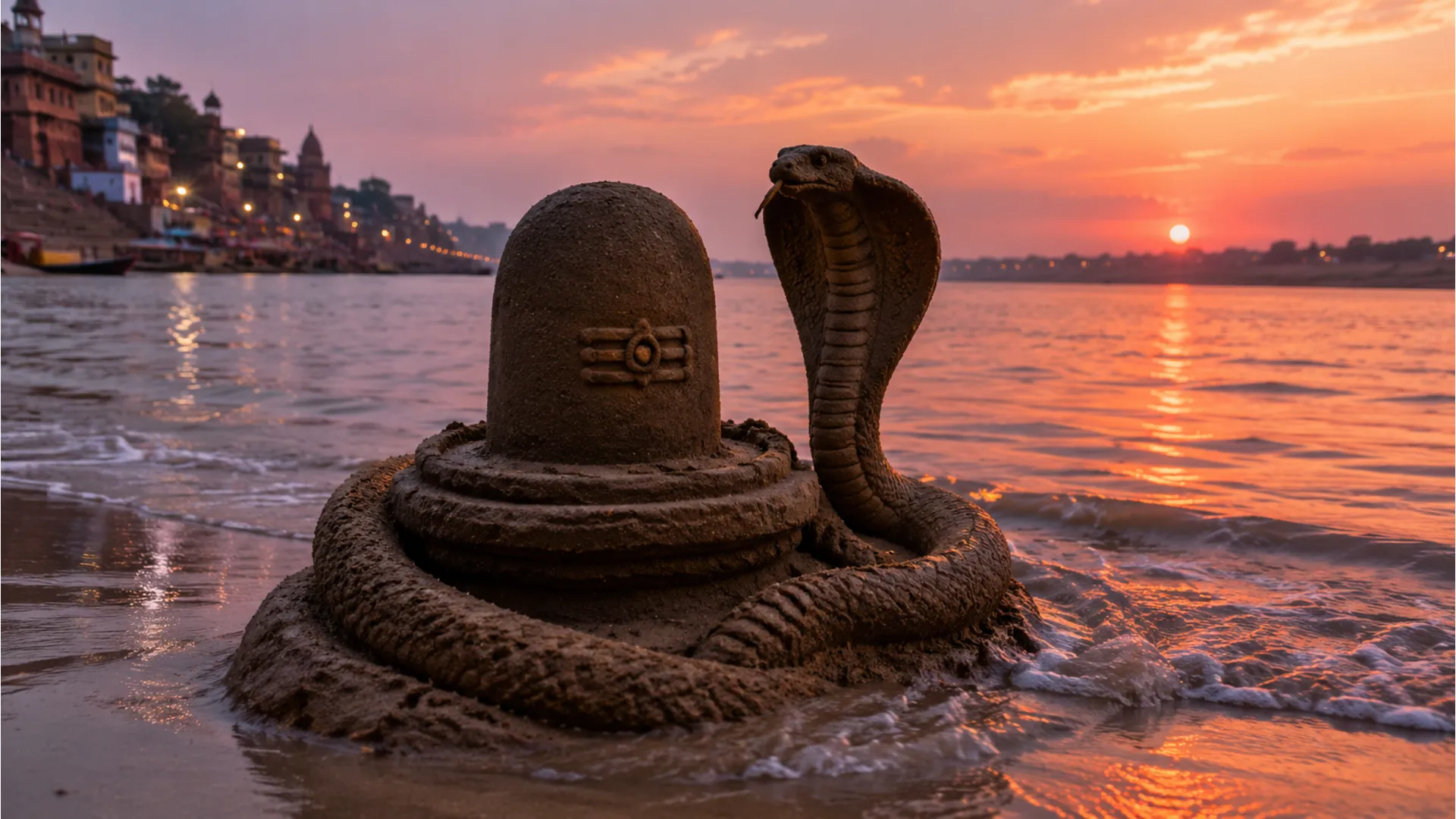 Masterful sand art of a Shivling and a detailed cobra snake sculpted on a beach riverbank
