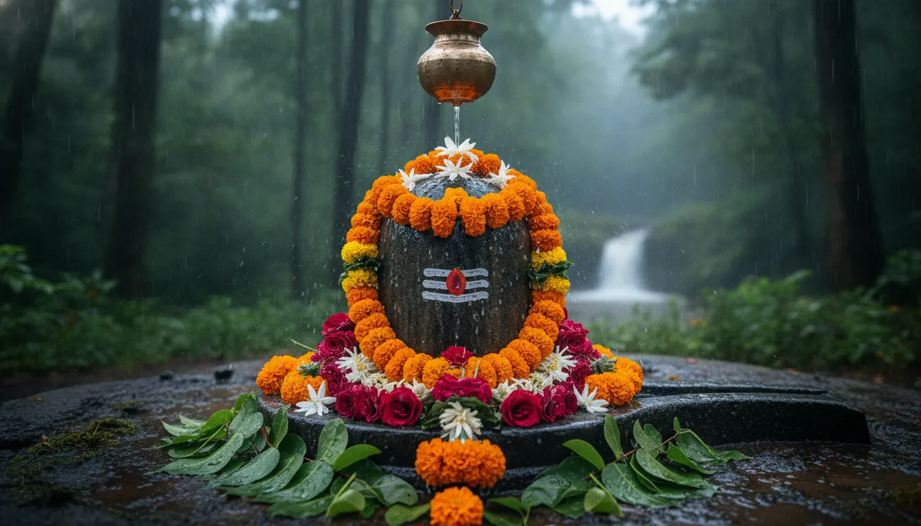 Full HD images of shivling beautifully decorated with marigold and rose flowers in rainy weather.