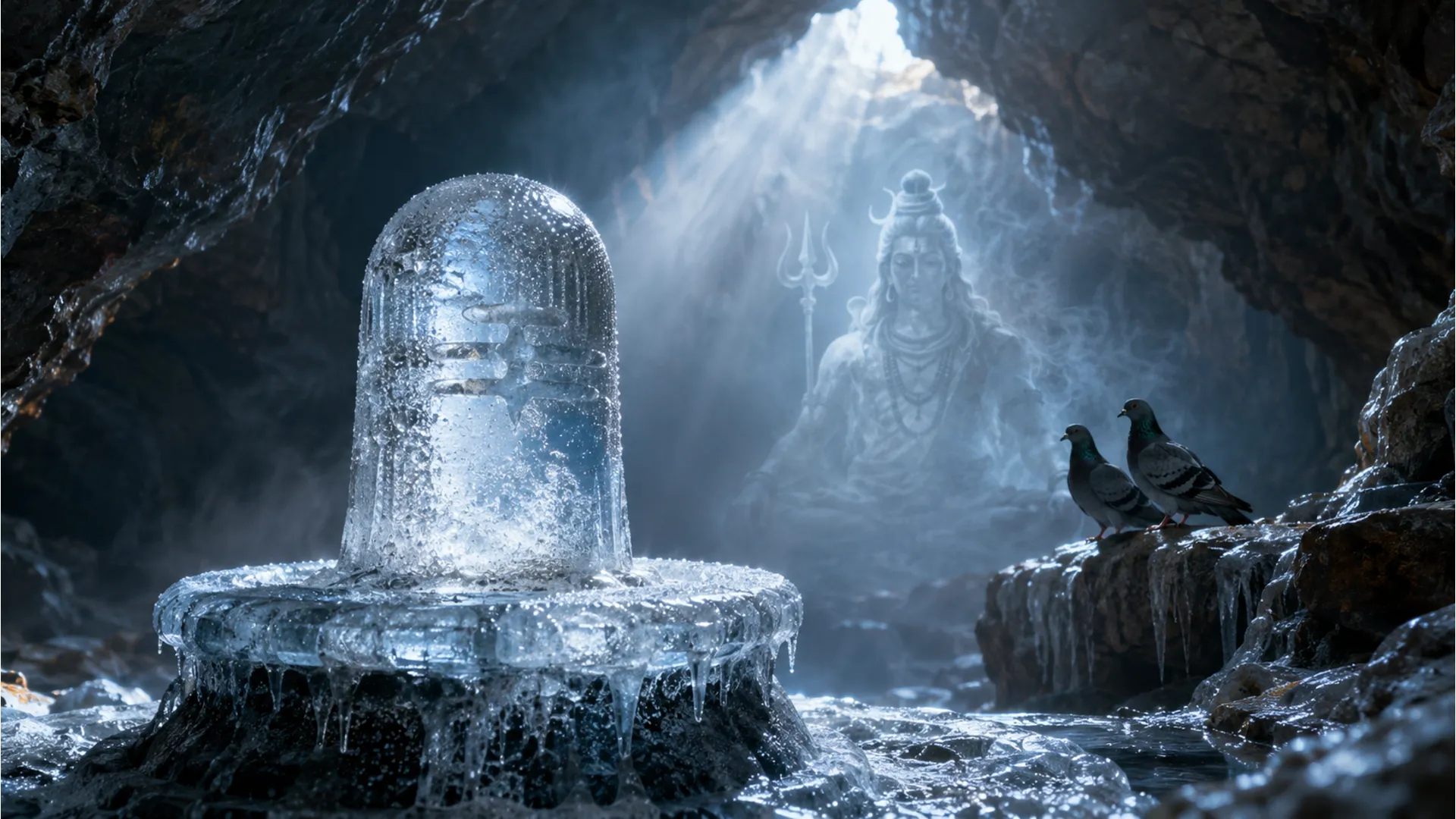 Detailed close-up of a natural ice stalagmite forming a shivling shape from roof drippings.