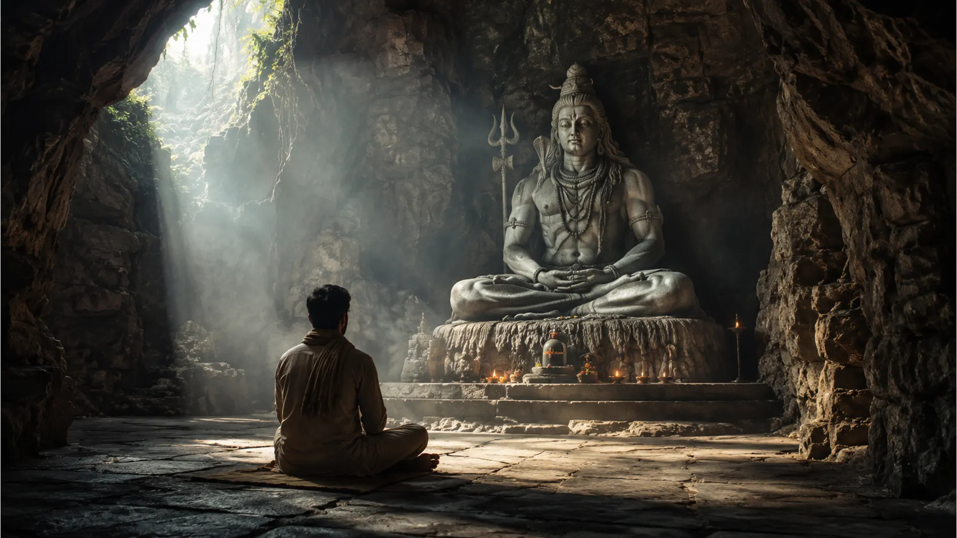 A lone devotee sitting inside a quiet stone cave temple praying to a meditating Shiva statue