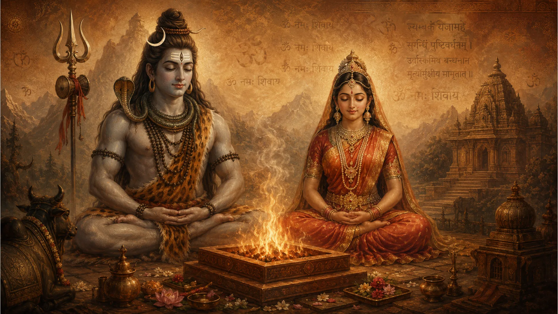 Classical art style of Shiva and Parvati meditating near a sacred fire with ancient symbols.