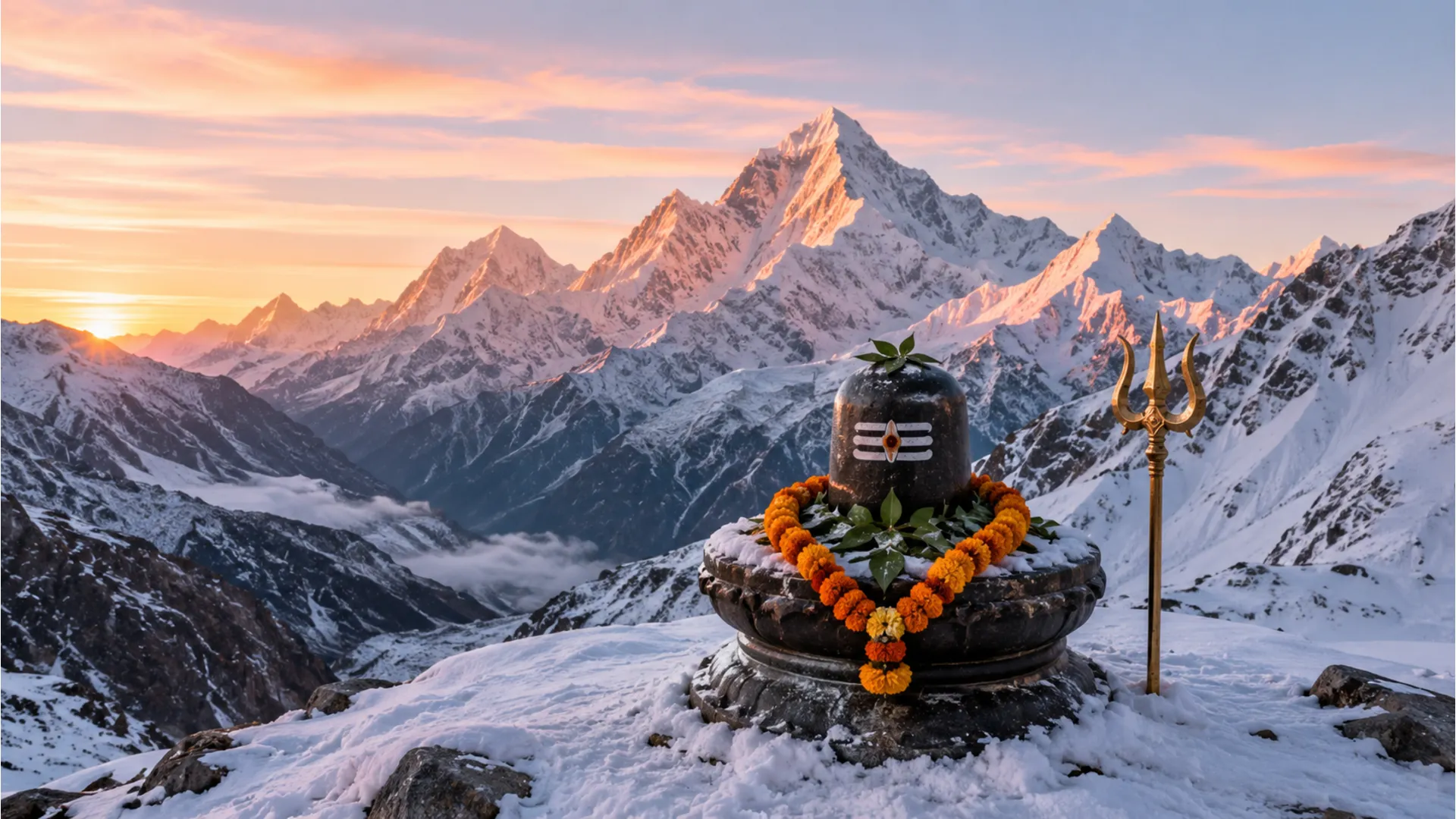 Full HD wallpaper of an outdoor stone Shivling in the snowy Himalayas decorated for Shivratri during sunrise.