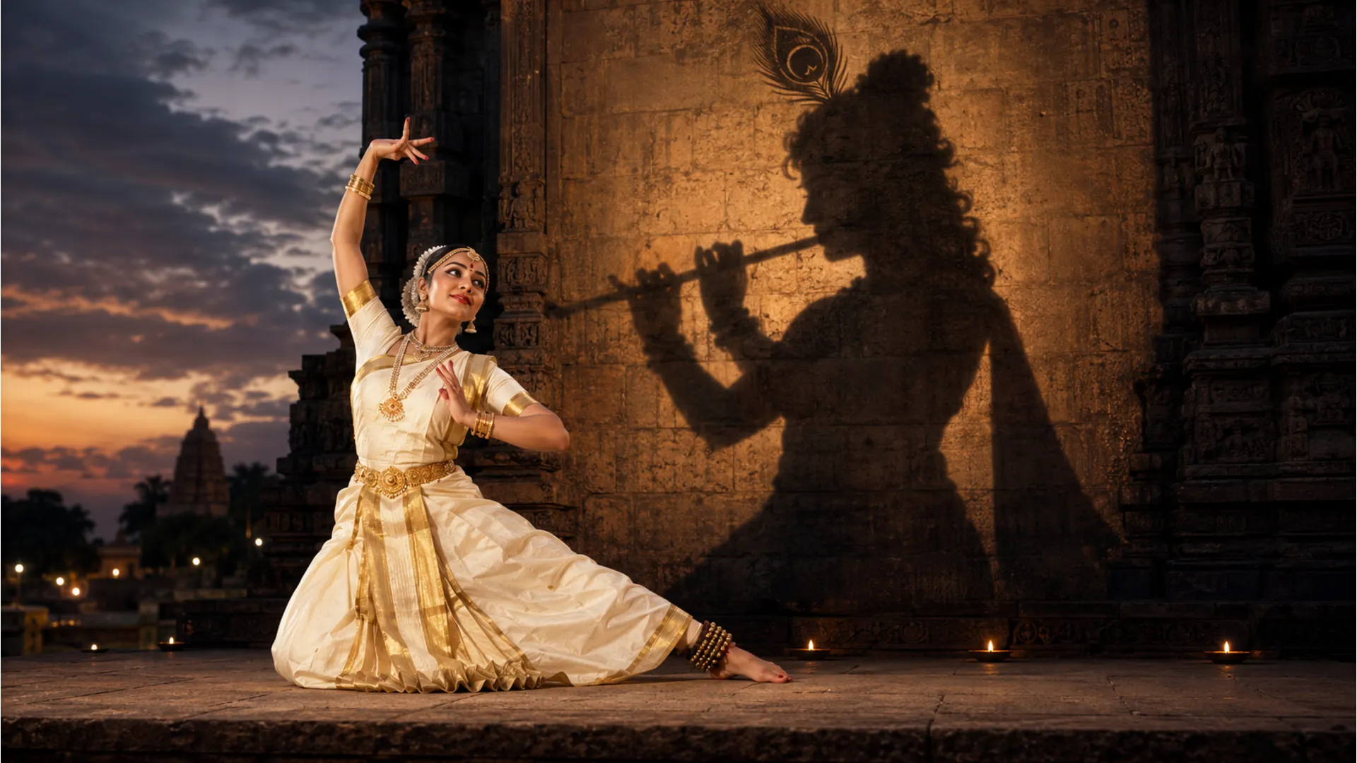 Traditional dancer performing on a stone stage with a large shadow of Krishna playing the flute on the wall.