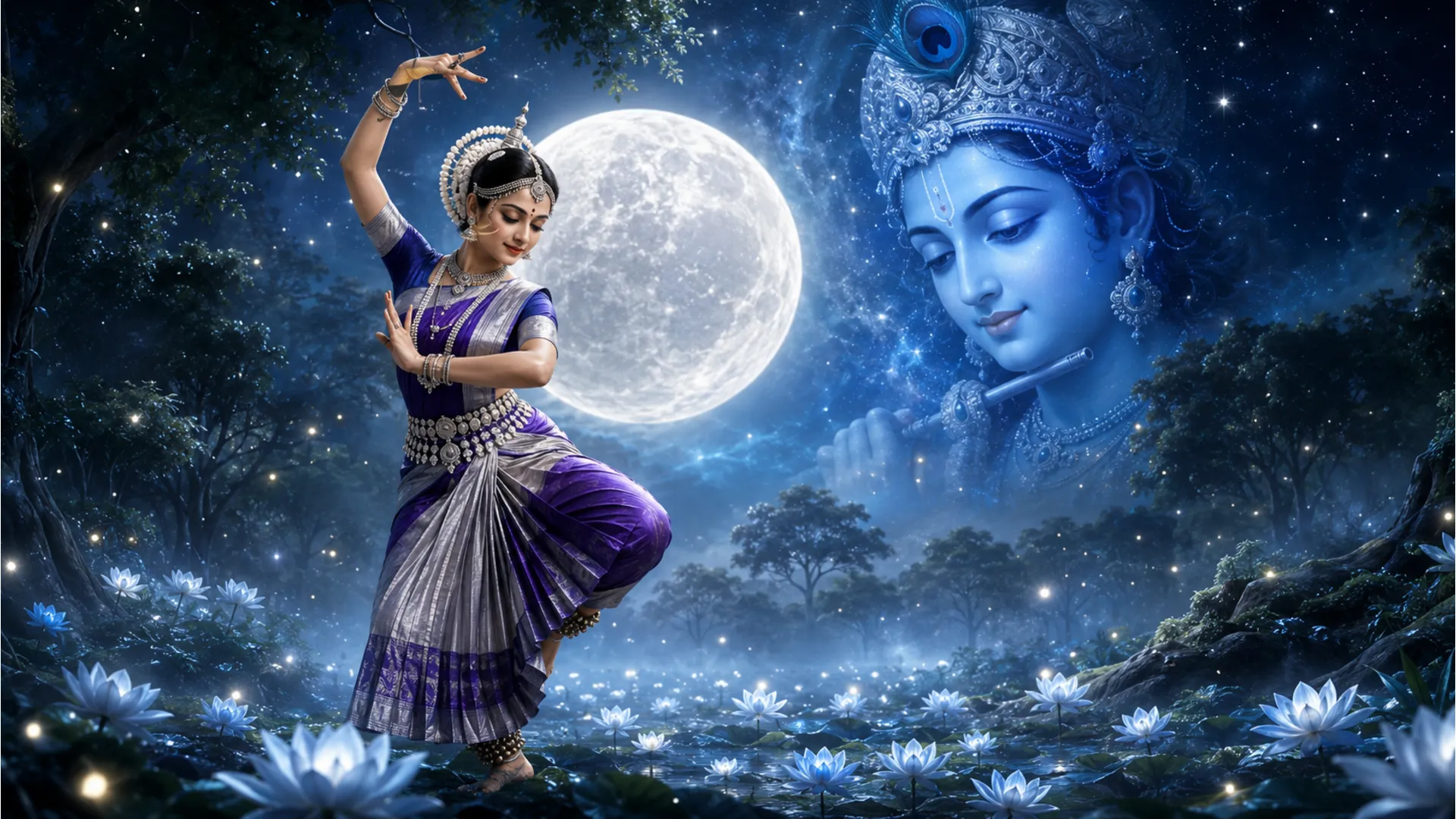 Spiritual fantasy art of a traditional dancer moving through an enchanted forest with a glowing blue deity face.