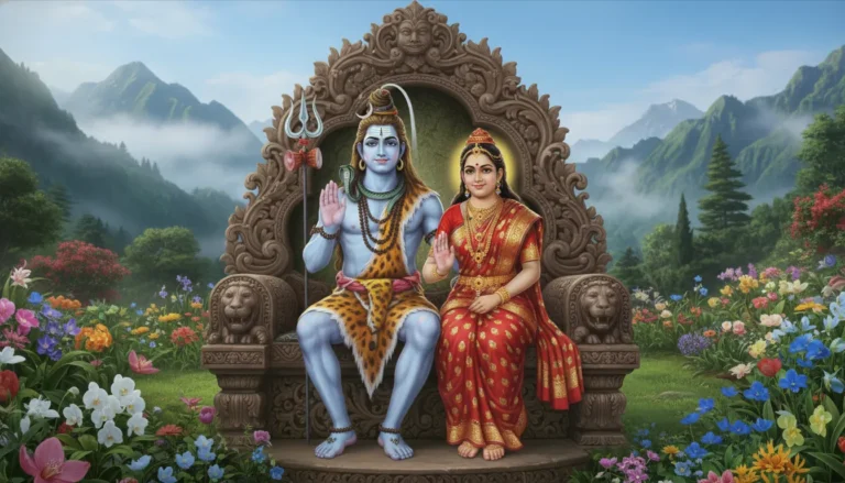 Lord Shiva and Goddess Parvati sitting together in a divine blessing posture.