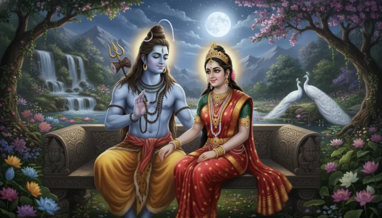 Lord Shiva and Maa Parvati sitting together in a divine and blessed pose.