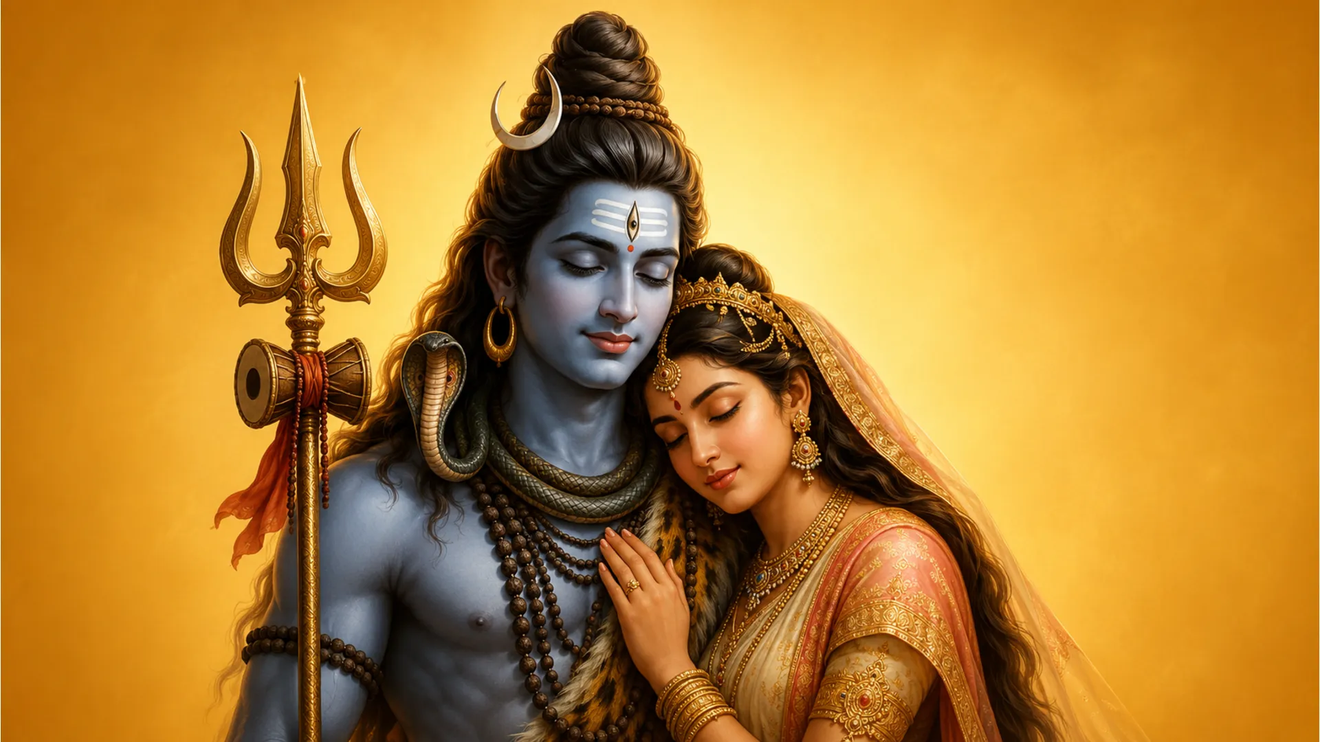 Digital artwork of Shiva embracing Parvati with a trident nearby, flowing hair, traditional jewelry, and a plain golden background.