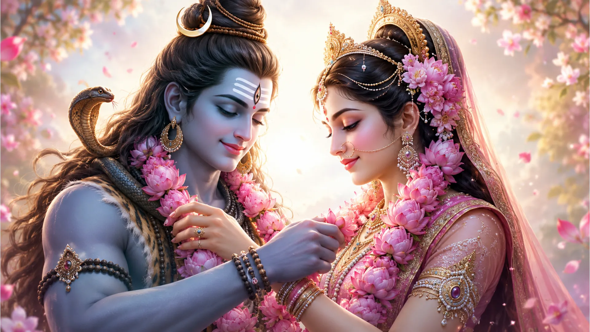 shiva and parvati sharing a lotus garland close up art hd