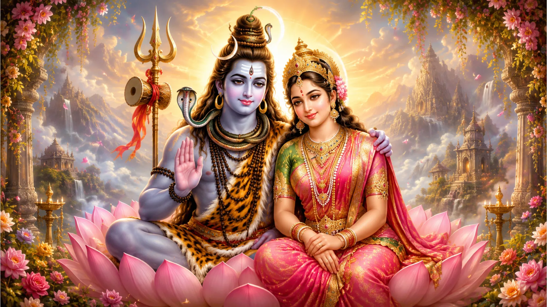 A beautiful depiction of Lord Shiva and Maa Parvati seated together, representing the divine union and family.