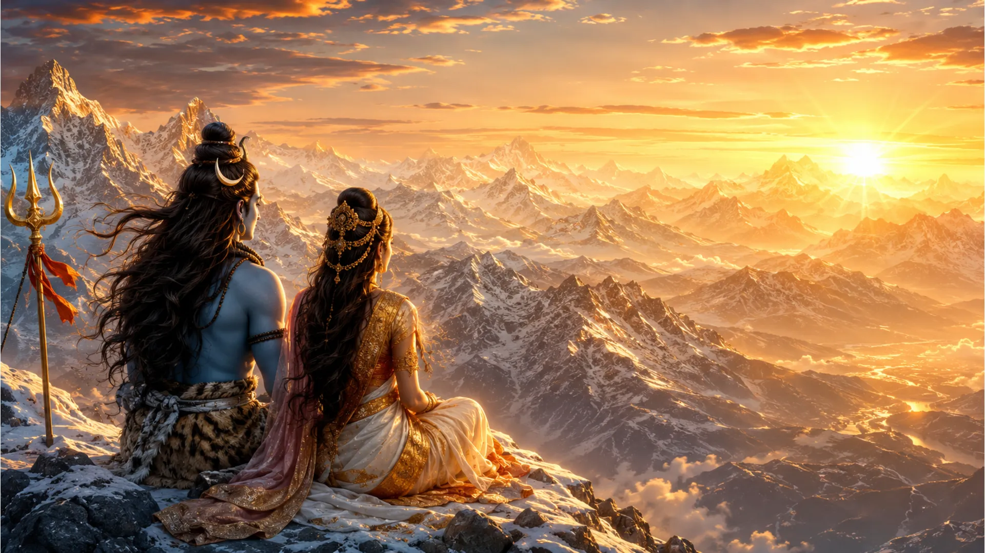 Shiva and Parvati sitting together watching a golden sunrise over snow-covered mountain peaks.