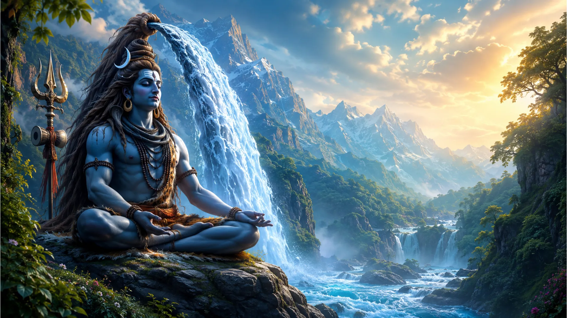 Lord Shiva sitting by a majestic waterfall, representing the descent of the River Ganga, with a serene background.