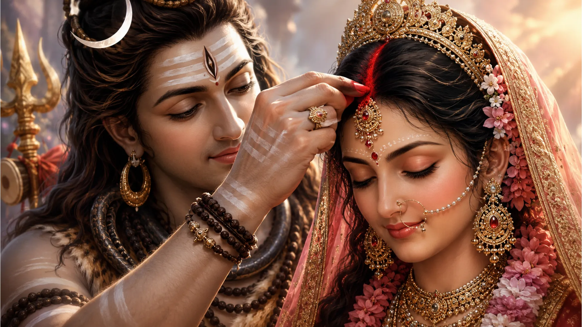 Close-up traditional artwork of Lord Shiva applying red vermilion to Goddess Parvati’s forehead parting.