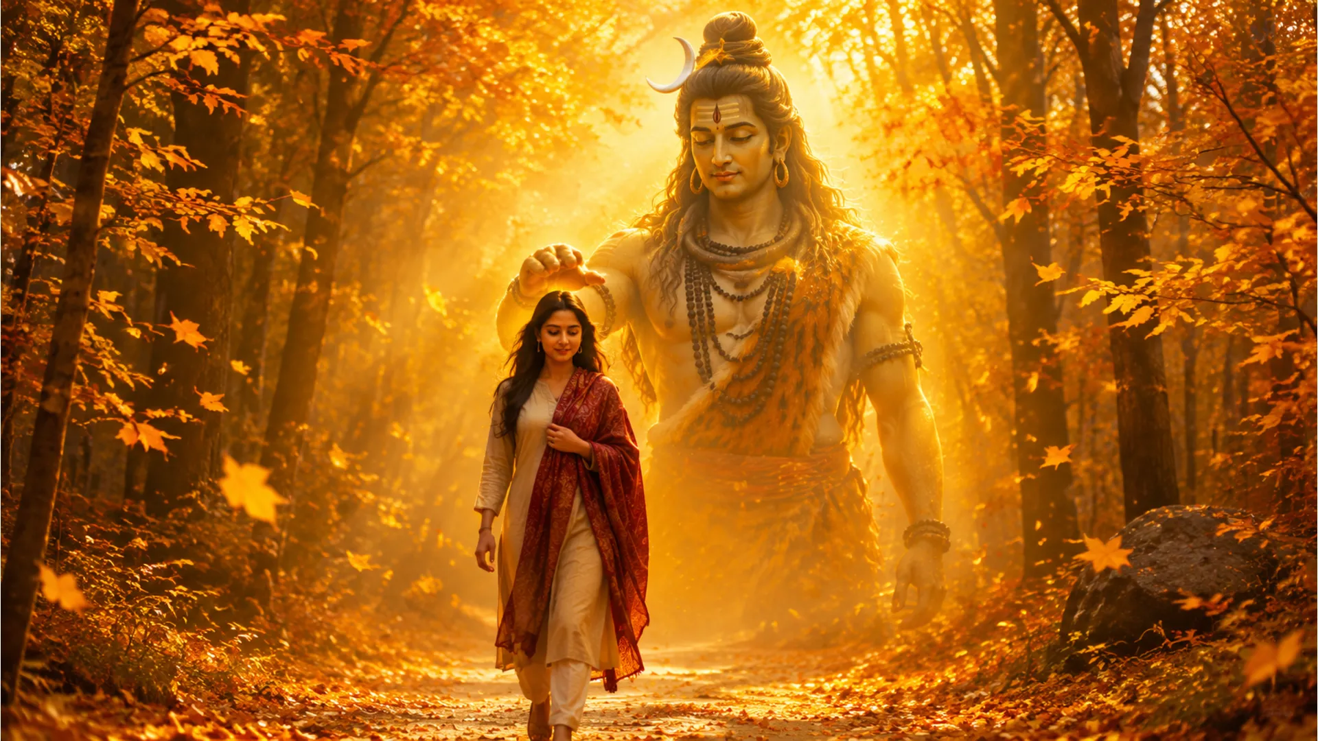 Giant Lord Shiva blessing a woman walking on a path covered with golden autumn leaves.
