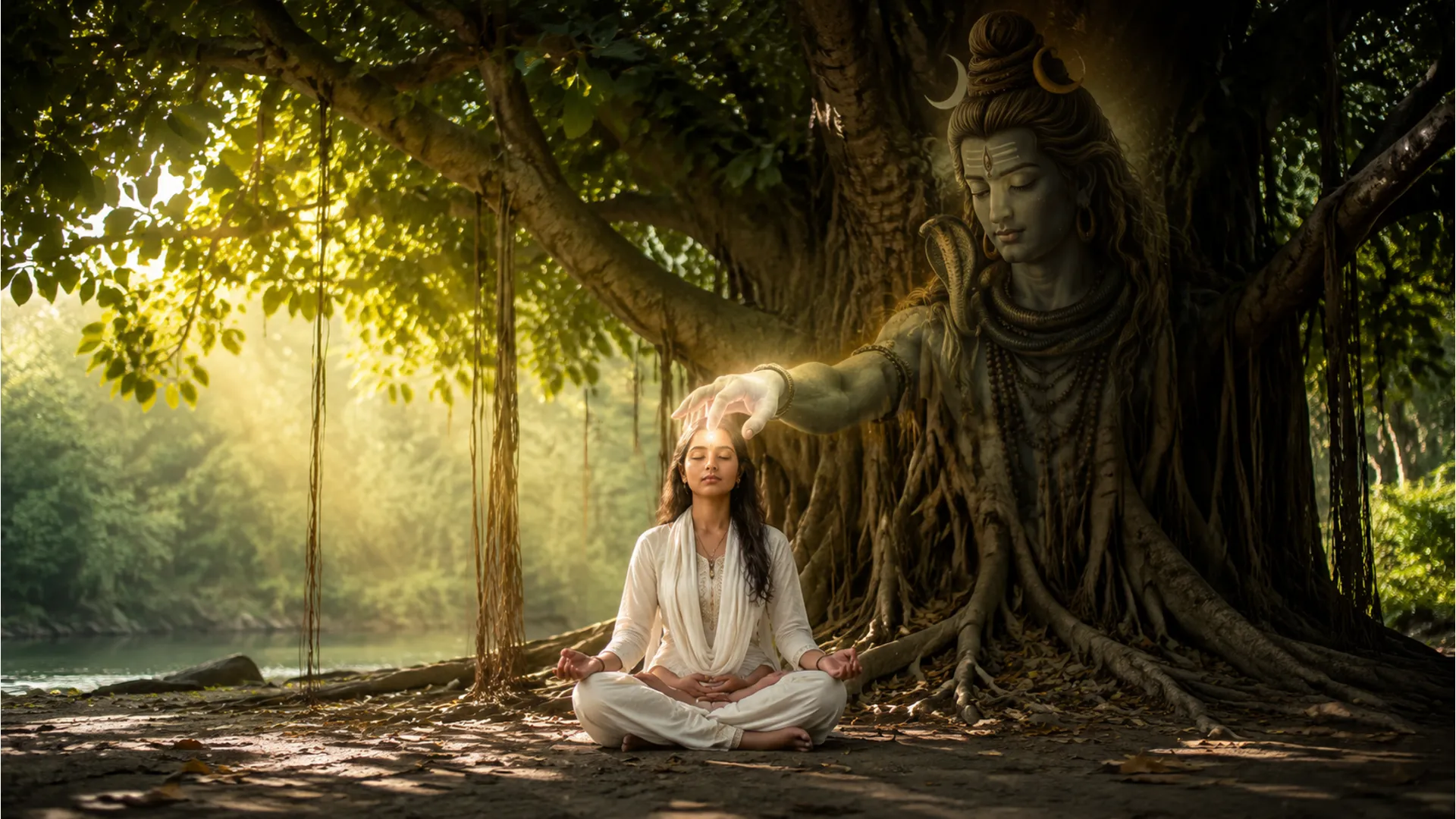 Lord Shiva blessing a woman meditating under a giant ancient banyan tree with hanging roots.