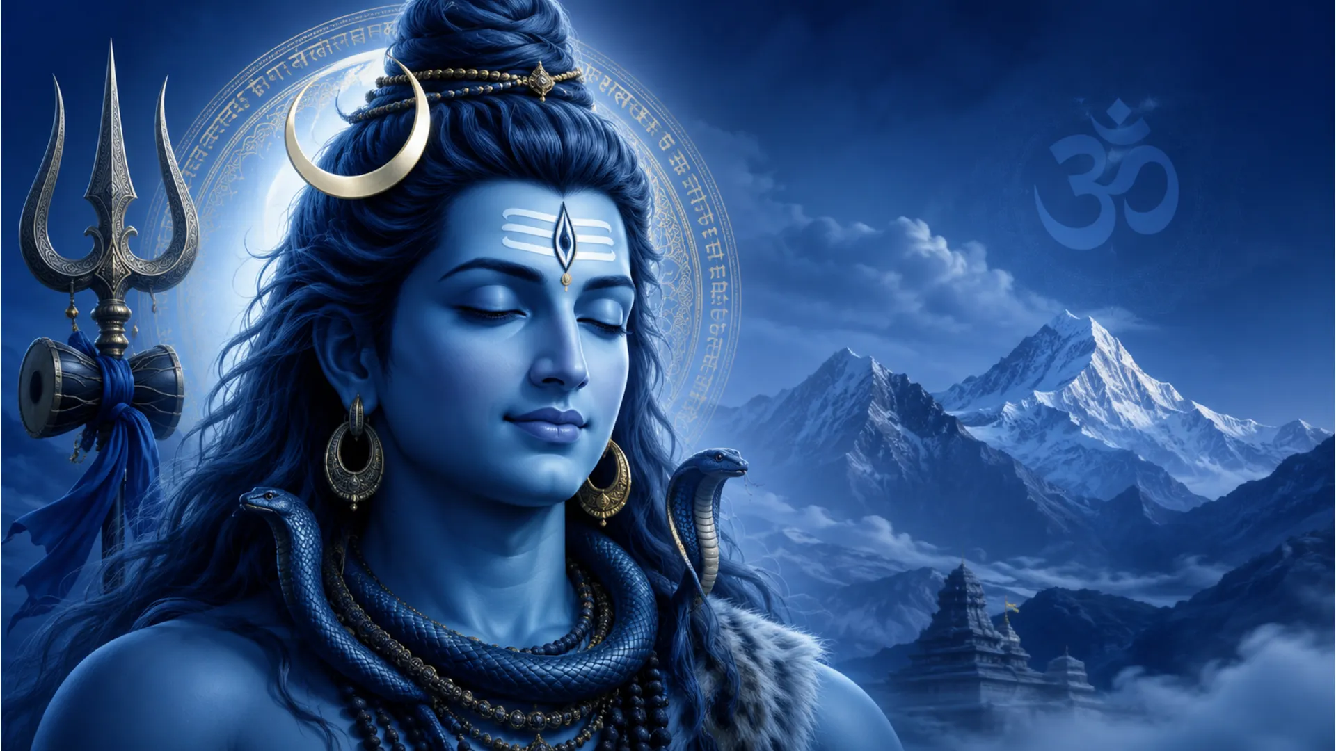 A peaceful and artistic portrait of Lord Shiva in deep blue hues, radiating tranquility
