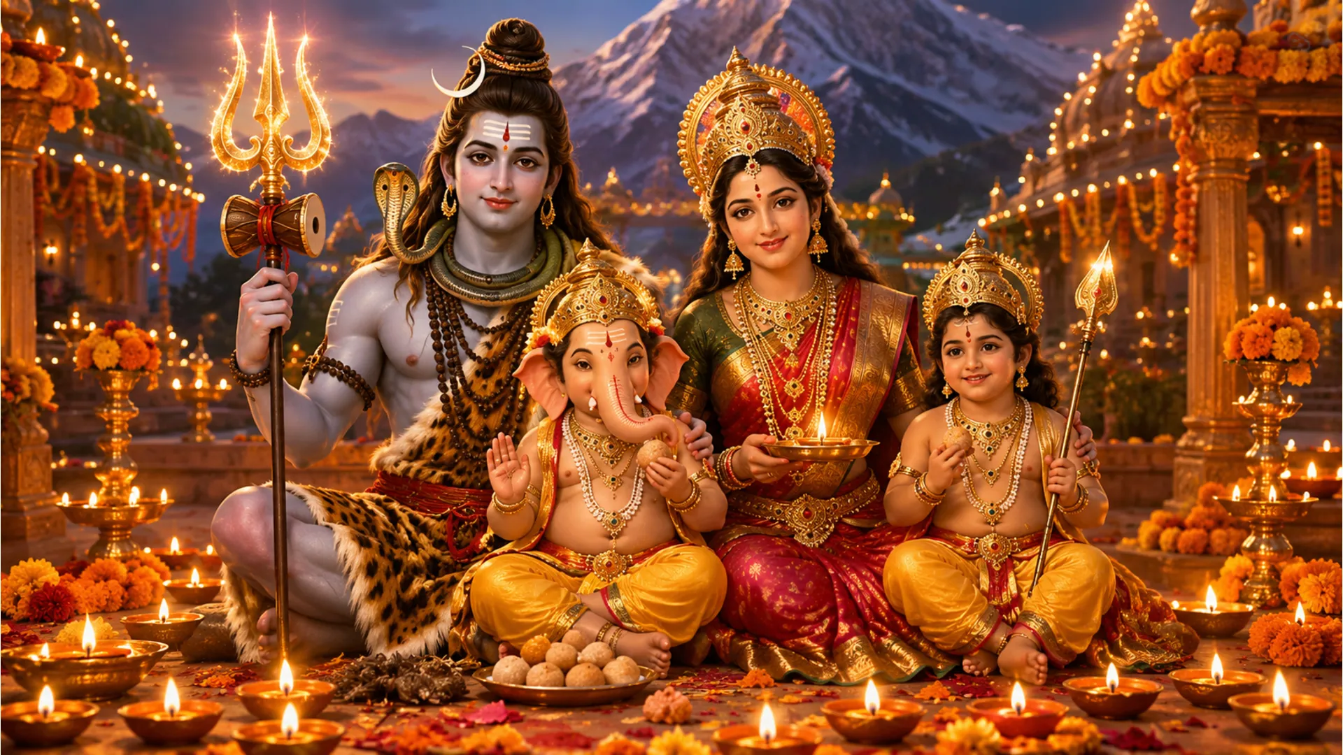 Festive Har Har Mahadev family photo HD decorated with oil lamps and flowers.
