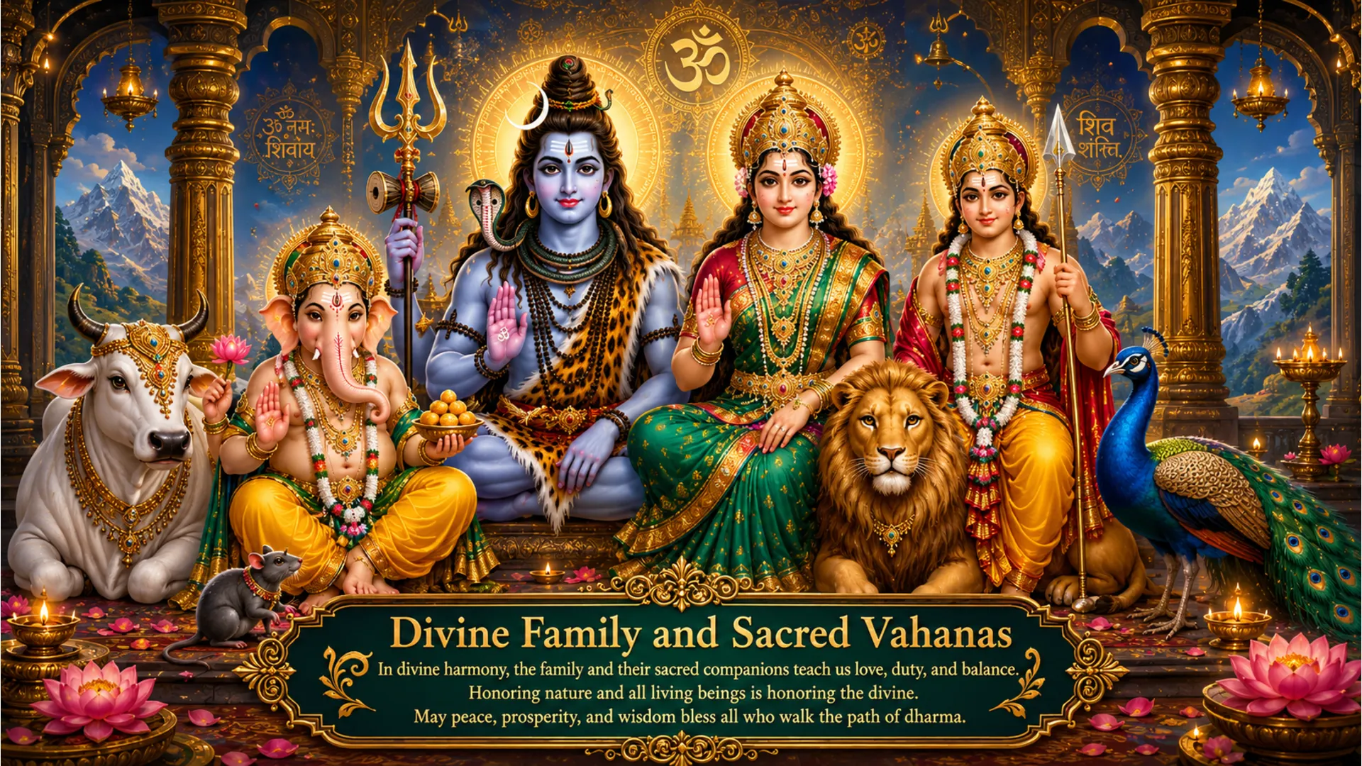 Detailed artwork of Shiva family with Nandi cow, lion, peacock, and mouse vahanas