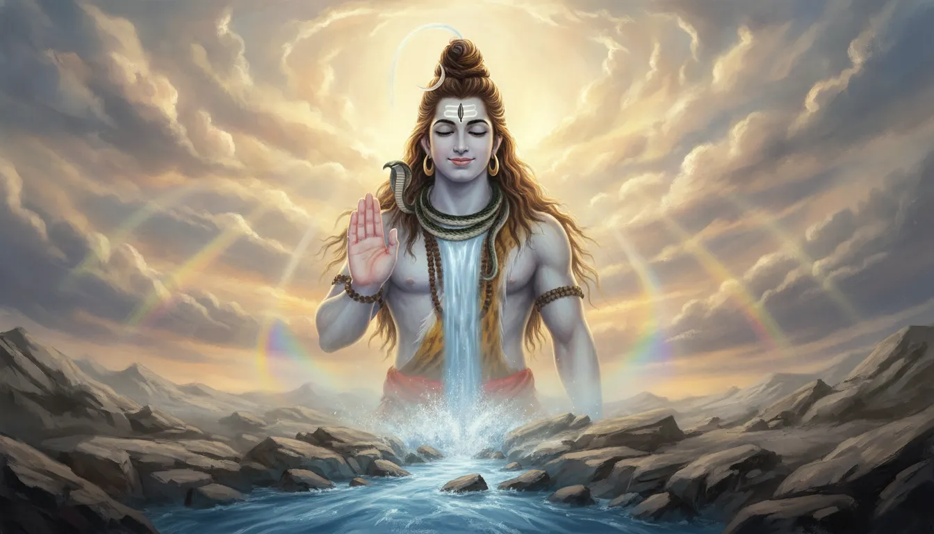 Holy River Ganga descending from Lord Shiva's hair with peaceful Mahadev shayari.