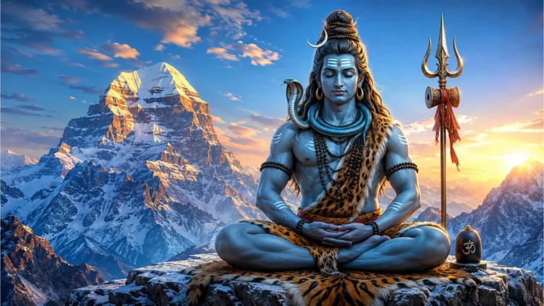 A serene Lord Shiva meditating on a snow-covered Himalayan peak, holding a trishul, with a damaru and a moon in his hair.